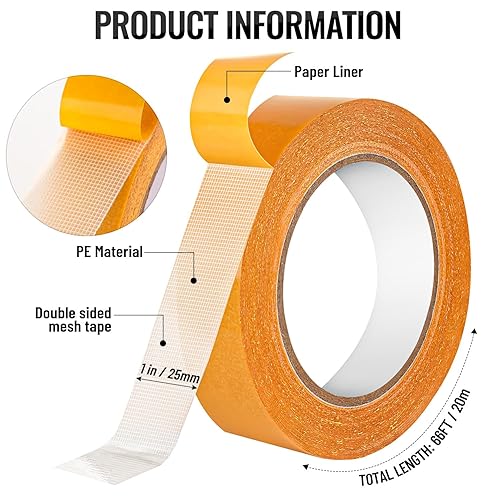 Miniatura 2 de WDAHDHP Cinta de malla de doble cara, 1 pulgada × 66 pies (65.6 ft), cinta de tela resistente para fijar alfombras, alfombras, cojines, pósters,