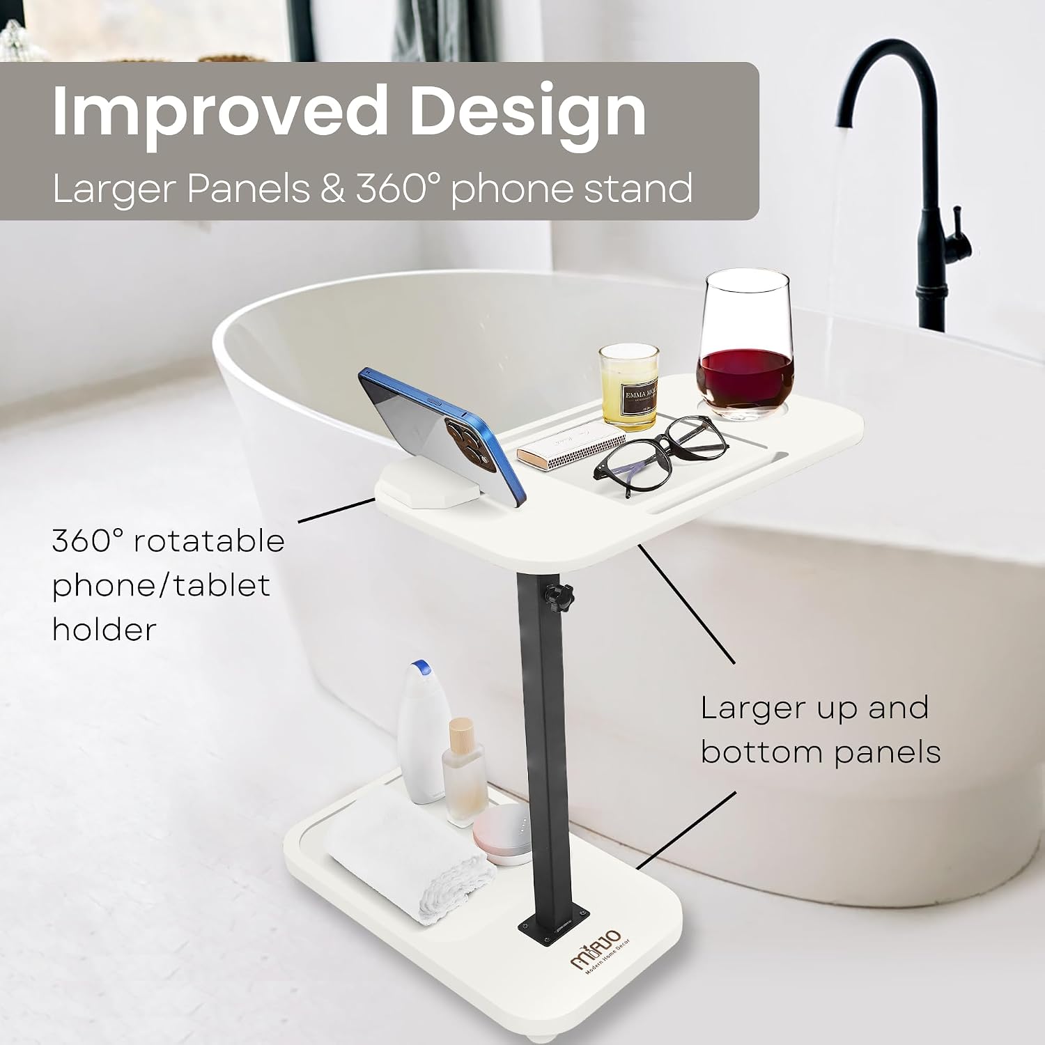 Upgraded Couch Side Table Small, Swivel TV Tray Table & 360° Rotating Phone Holder, Couch Arm Tray Tables, Small Side Table for Small Spaces, C Shaped End Table Couch Tables That Slide Under (White)