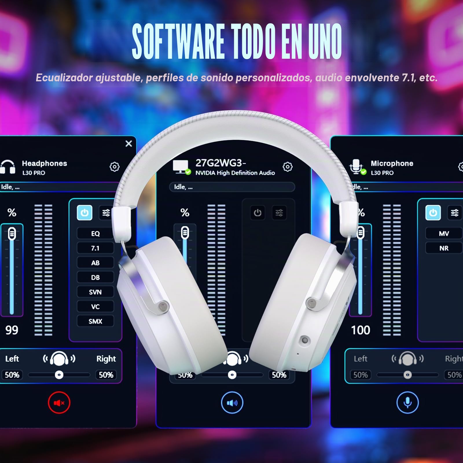ATTACK SHARK L30PRO Auriculares Gaming Inalámbricos, Sonido Envolvente 7.1, Modos EQ, Drivers 50 mm, Conectividad Tri-Modo, Batería 1100 mAh, Over Ear con Micrófono Desmontable para PC - Blanco