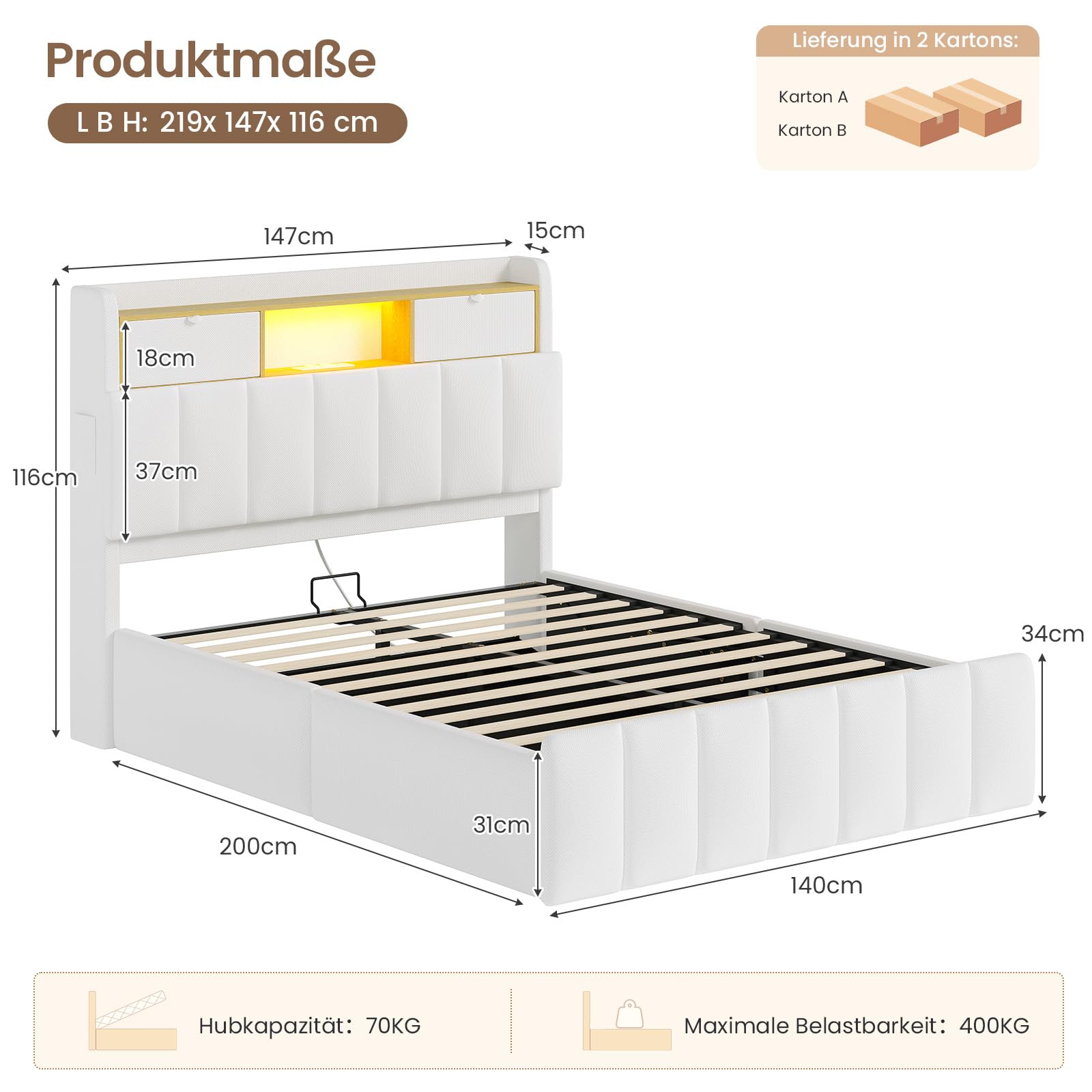 DICTAC Bett 140x200 mit Lattenrost & LED Beleuchtung – Stauraumbett mit Bettkasten, Polsterkopfteil & USB Ladestation – Weißes Polsterbett 140x200, Doppelbett für Jugendliche & Erwachsene