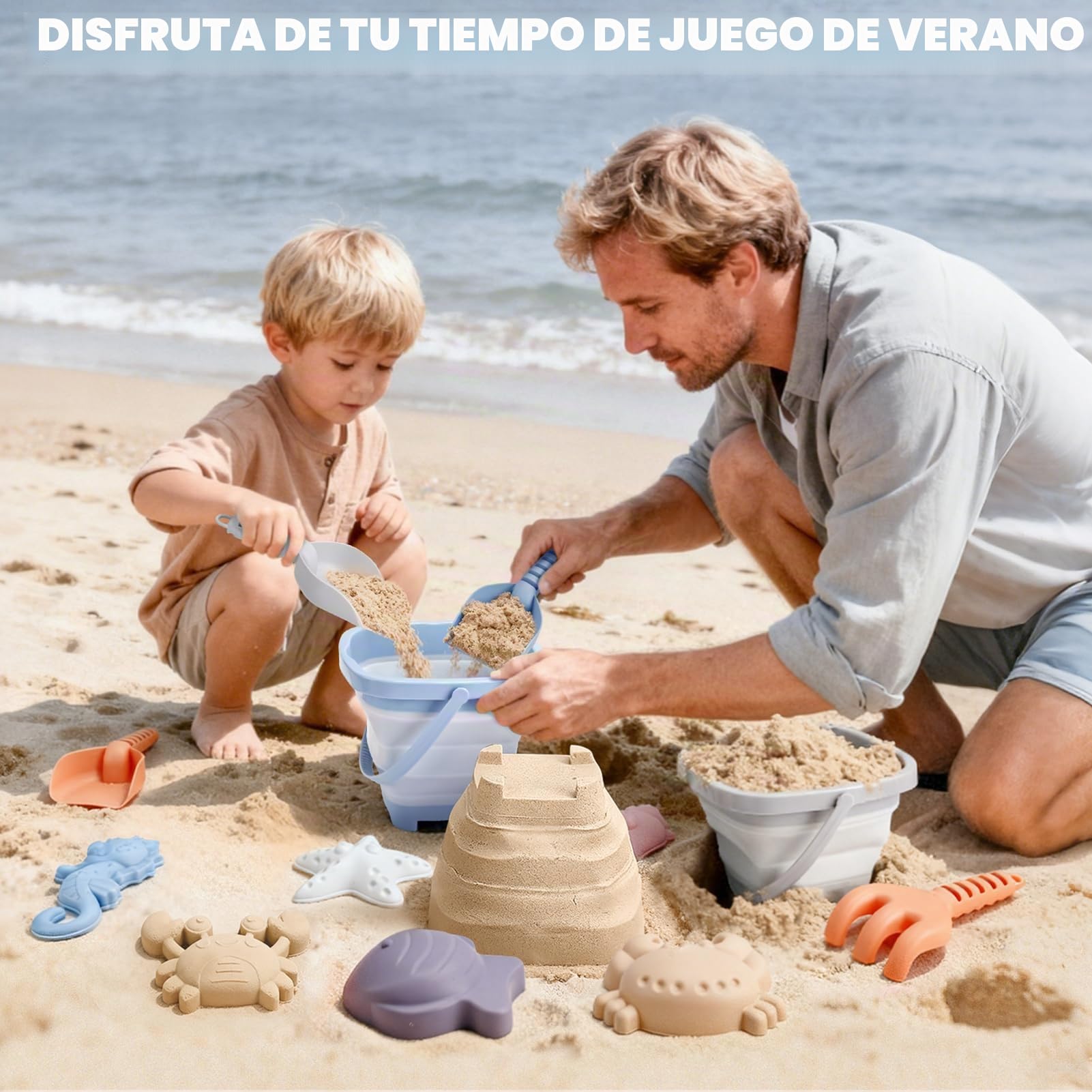 Dreamon Juguetes de Playa para Niños Bebe, 18 Piezas Juguetes de Arena con Cubo Playa Plegable Palas Rastrillo Moldes de Arena, Juguete Playa para Niños Niñas 3 4 5 (Azul, Naranja, Gris)