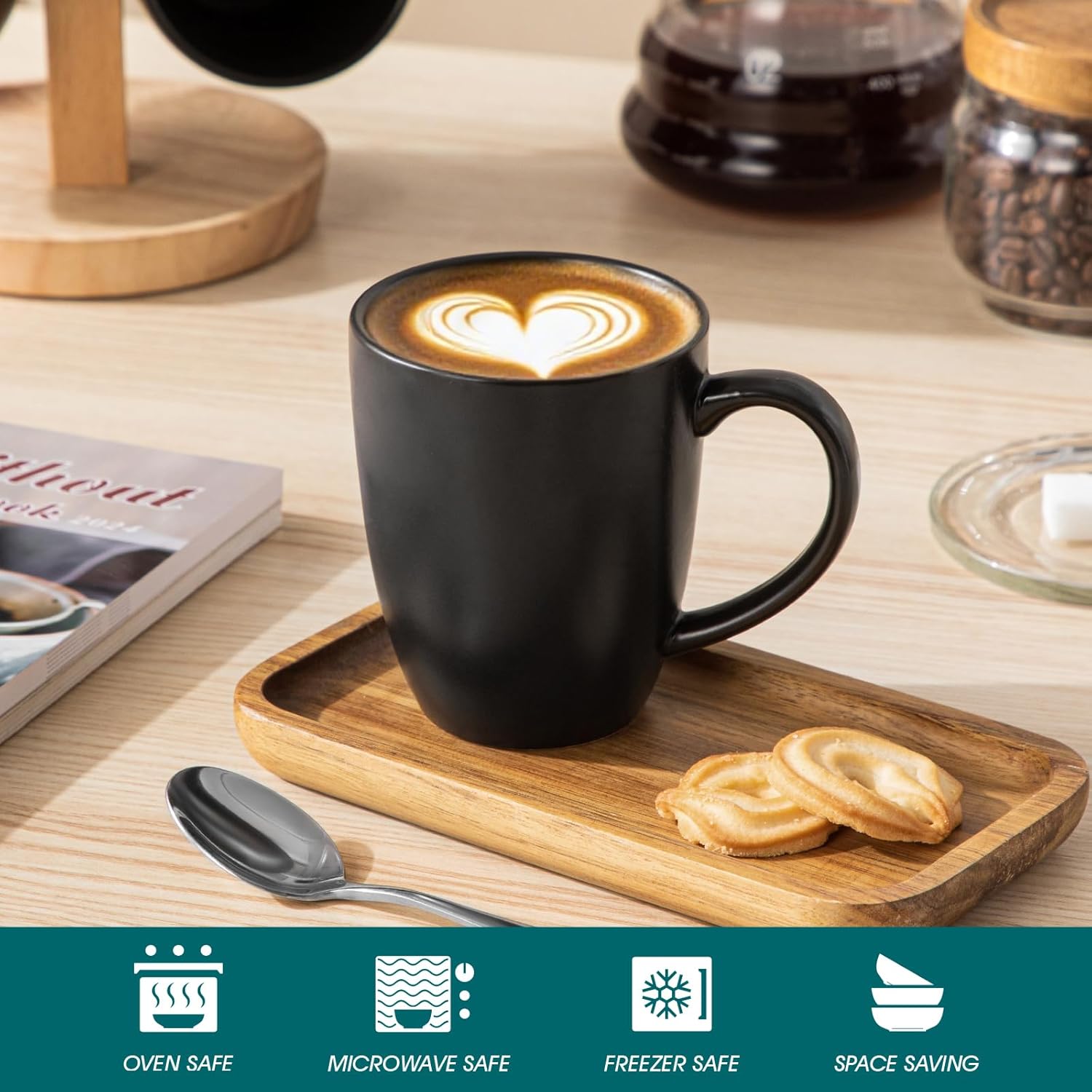 vancasso PLAYA Ceramic Coffee Mug Set of 6, 12 Oz Tea Cups with Handle for Latte, Tea, Cappuccino, Milk, Cocoa, Microwave&Dishwasher Safe, Black - Image 4