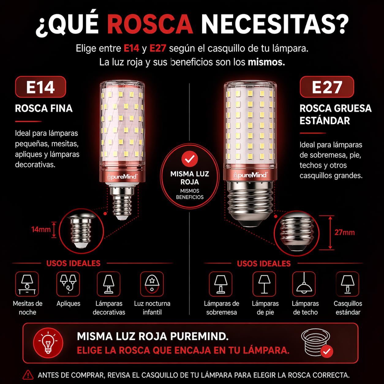 Puremind PACK 2 Luz Roja Nocturna Melatonina E27 para dormir bebe y adultos bombilla roja terapia para dormir tecnologia Flicker Free + 0% Luz Azul + rosca estandar + mejora del ritmo de descanso
