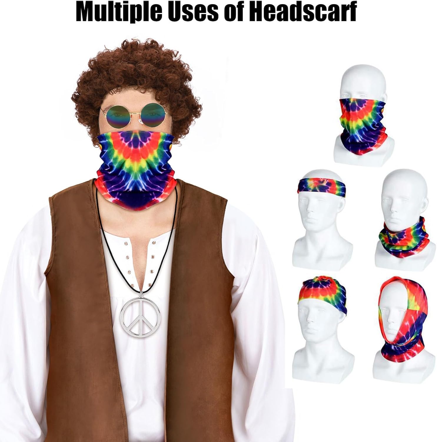 ACTLATI 60s Hippie Costume Set for Men Fringe Vest Wig Tie Dye Headband Peace Sign Necklace Sunglasses for Halloween Party - Image 5