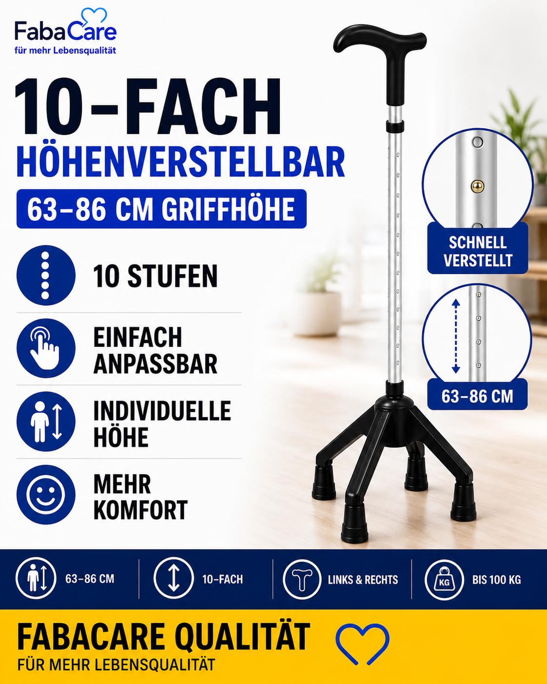 FabaCare Vierfuß Gehstock mit Fritz-Griff für Links und rechts, Vierfußgehstütze, Vierfußgehhilfe, Gehhilfe, Gehrahmen bis 100 kg