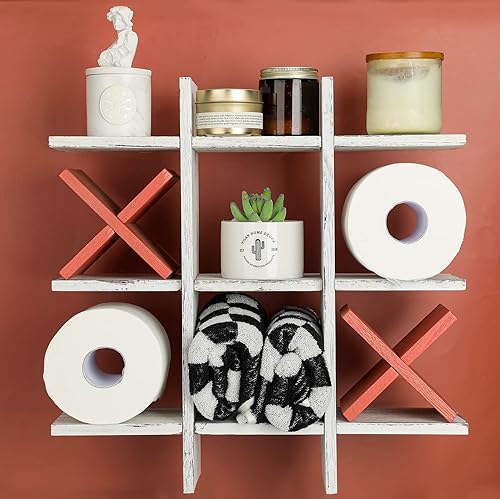 Miniatura 6 de Tic Tac Toe - Soporte de papel higiénico de madera rústica para almacenamiento de papel higiénico para colgar en el baño, estantes independientes