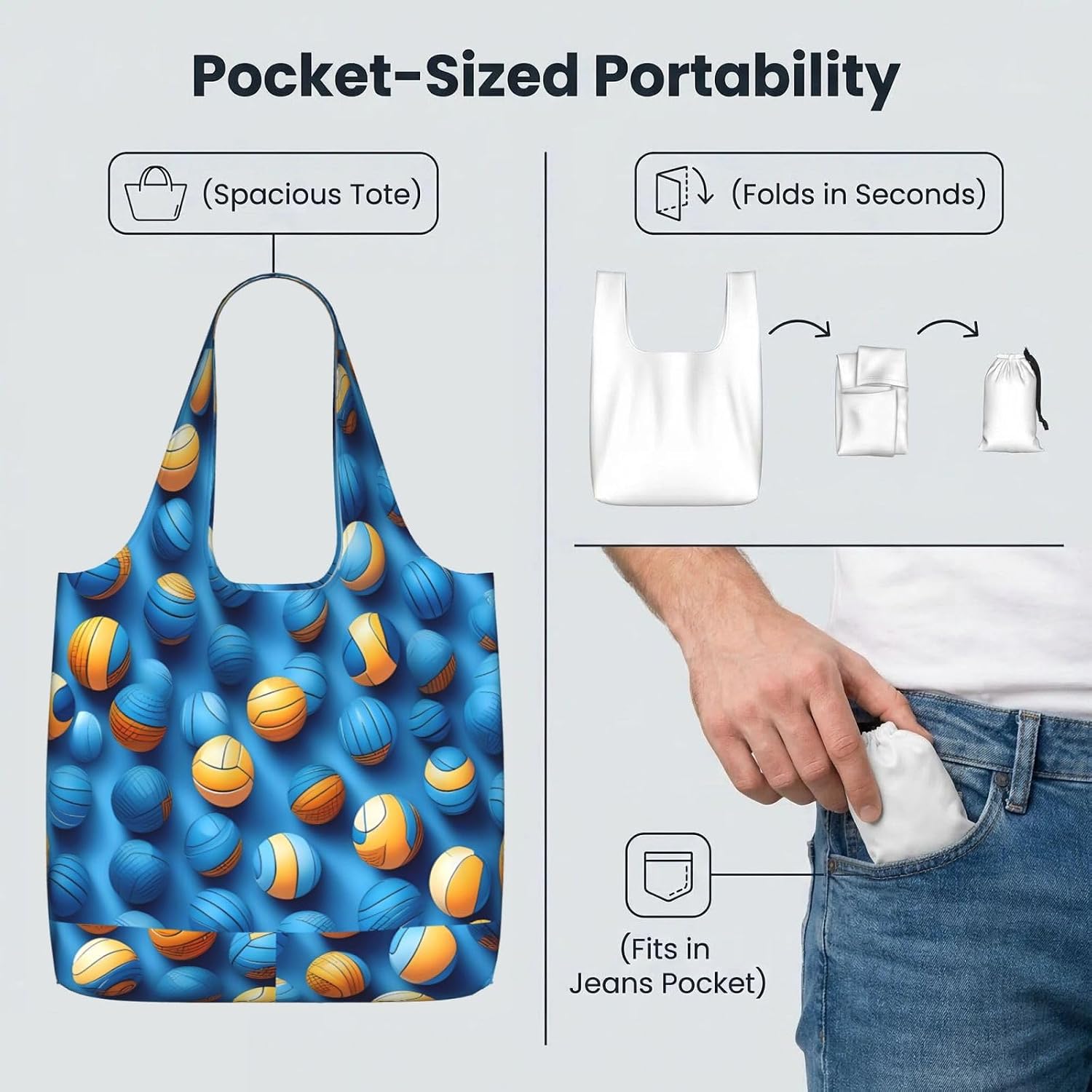 Reusable Shopping Bags Lightweight Foldable Grocery Bags In Pocket,Washable Large Tote Bags Blue Volleyball Travel Shoulder Bag Gifts For Women Men image 5