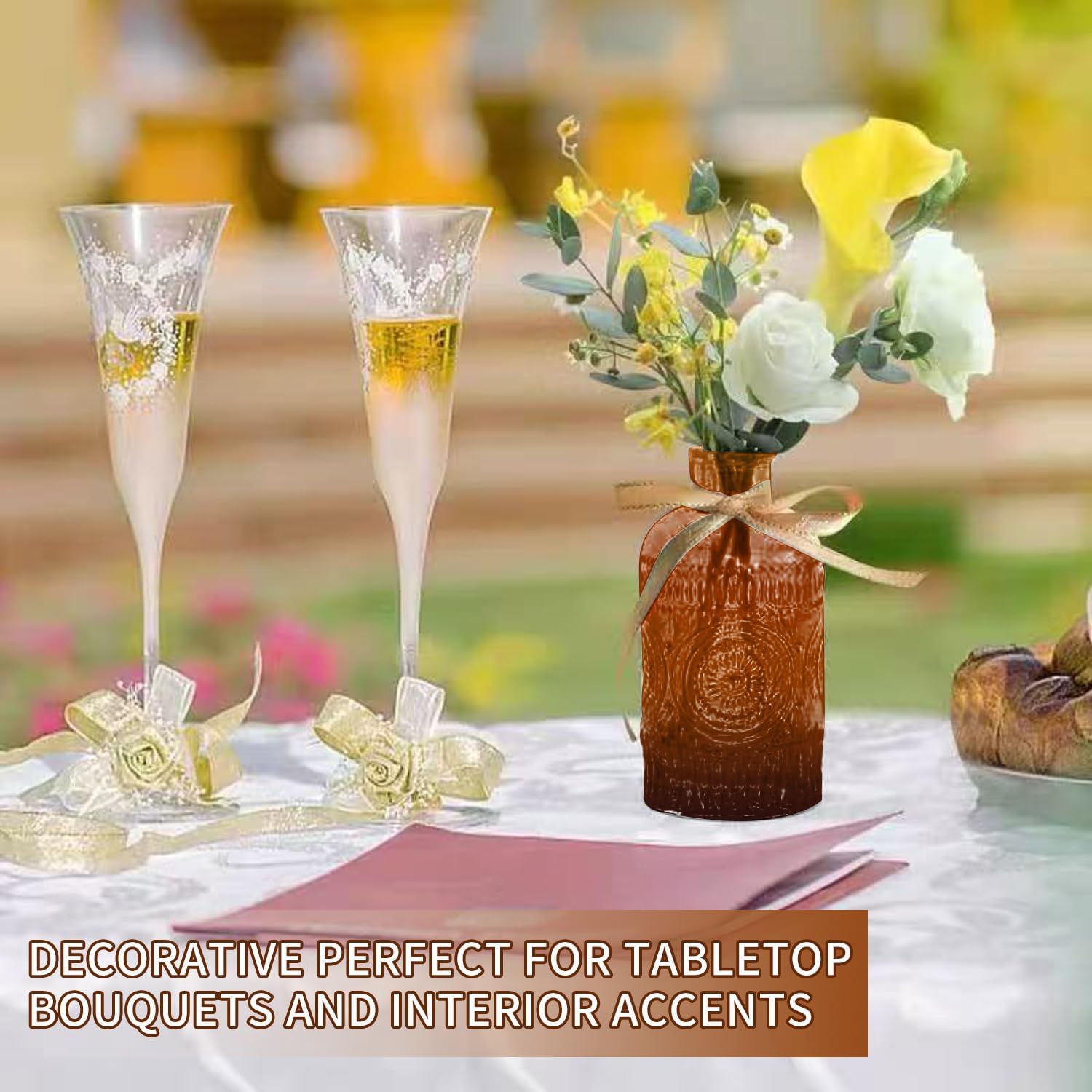 KUAGUINZUHE 12 Pcs Glass Bud Vase Set, Small Amber Vintage Flower Vases for Wedding Centerpieces in Bulk, Mini Embossed Vases for Home Table Decor, Party, Baby Shower Decorations - Image 4