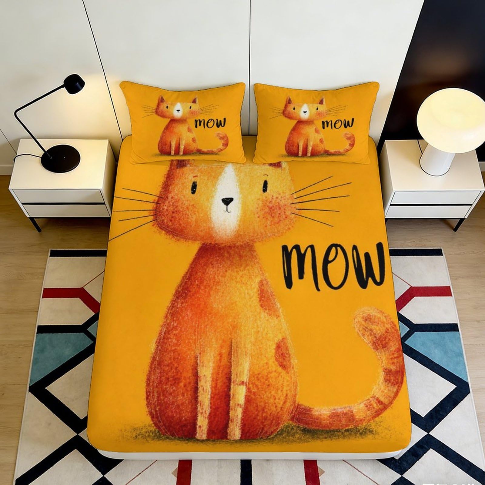 Jqzkxnhpbr Style-8 3D Printed Orange Cartoon Cat Fitted Sheet Microfiber Soft Non Slip Bed Sheet For Bedroom Dorm Mattress Cover 90X200x25cm