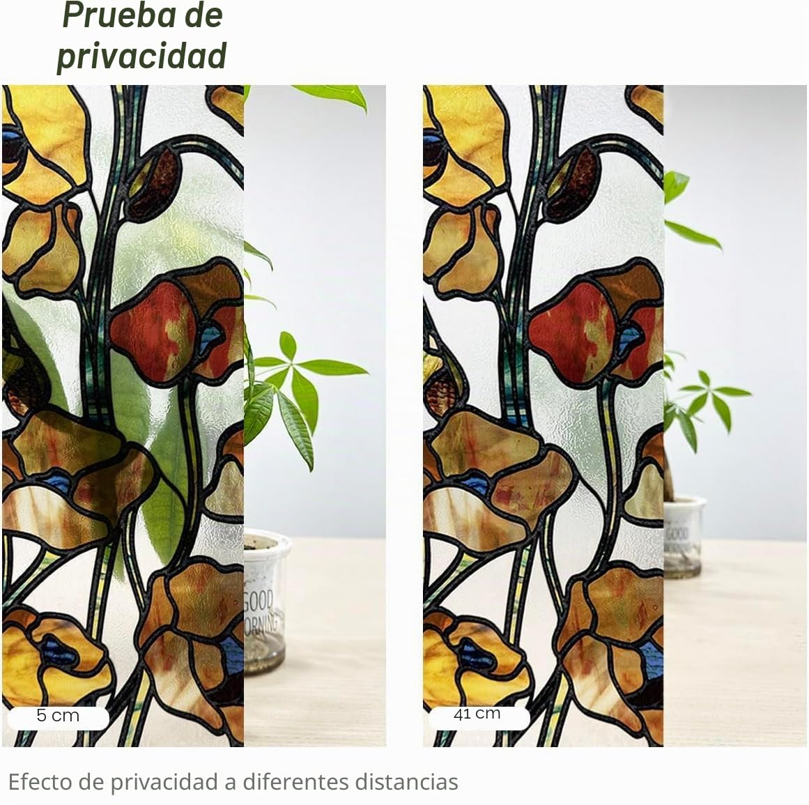 Película decorativa autoadhesiva para ventana, vidrieras, 43 x 300 cm, amapola marrón amarillenta, decoración de vidrio dibujado a mano para dormitorio, sala de estar, cocina y oficinas
