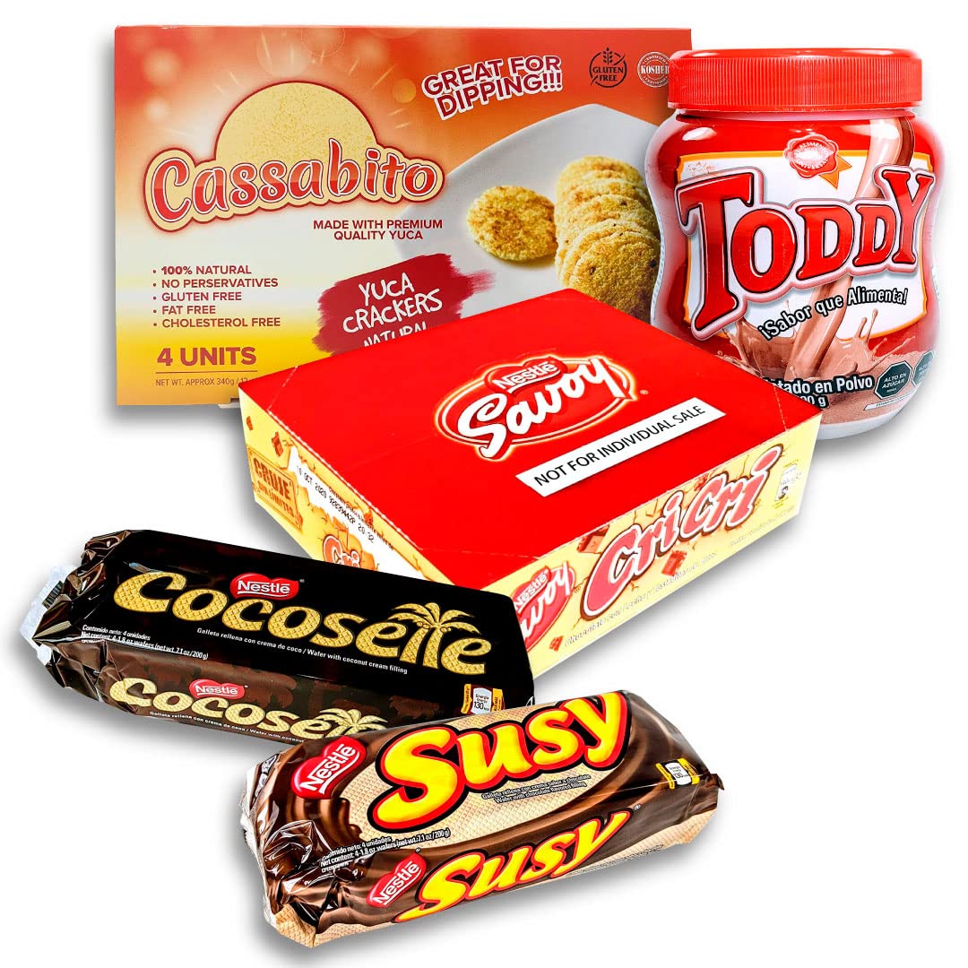 Toddy Chocolate Powder Drink (400gr) + Cocosette Cookie Coconut Cream (4Pack) + Susy Cookie Chocolate Cream (4Pack) + Cri-Cri Chocolate (12Pack) + Cassabito Natural Flavor (4Pack) - (25 Items TOTAL)