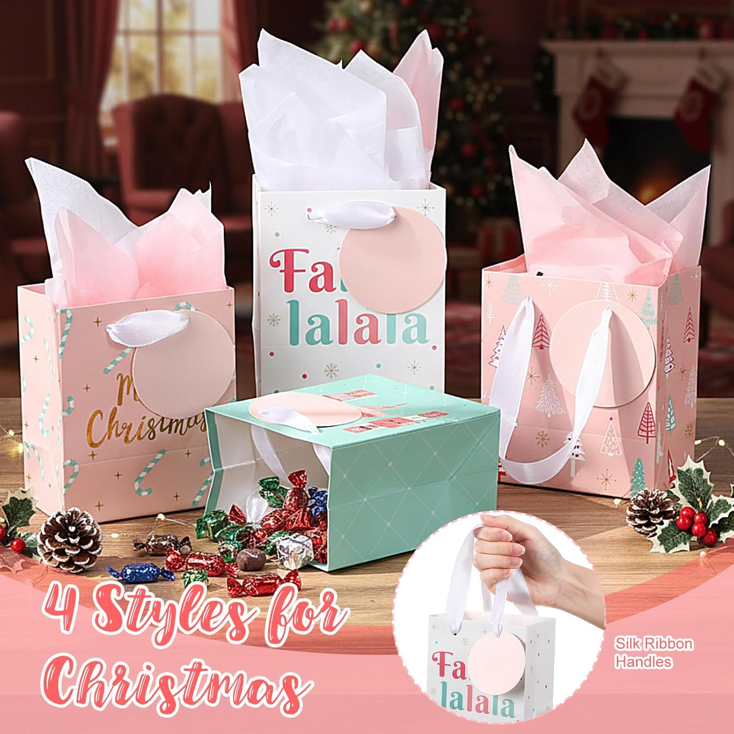 AmazingSpark 24 Pcs Small Christmas Gift Bags with Tissue Paper and Handle Reusable Christmas Paper Gift Bags with Tags for Holiday Present Wrap Giving 4 Style, 5 x 4.33 x 2.76 Inch (Nutcracker,Vivid)