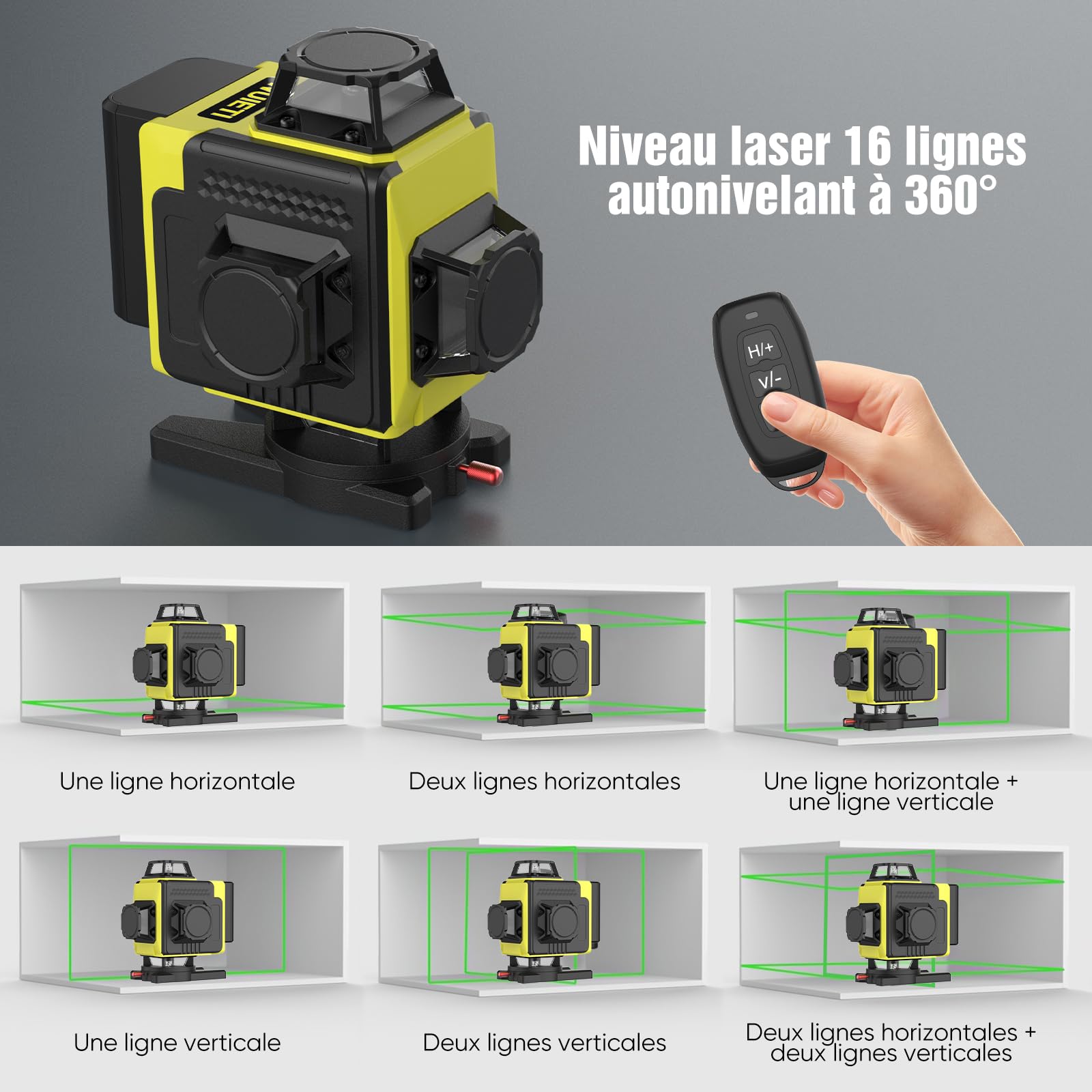 Niveau Laser Autonivelant 360° X 4, Lazer Niveaux Chantier 4d 16 Lignes Laser, Mode Impulsion ExtéRieur, 2 X Batterie,Nivellement Automatique, Support Rotatif, TéLéCommande (Avec trépied)