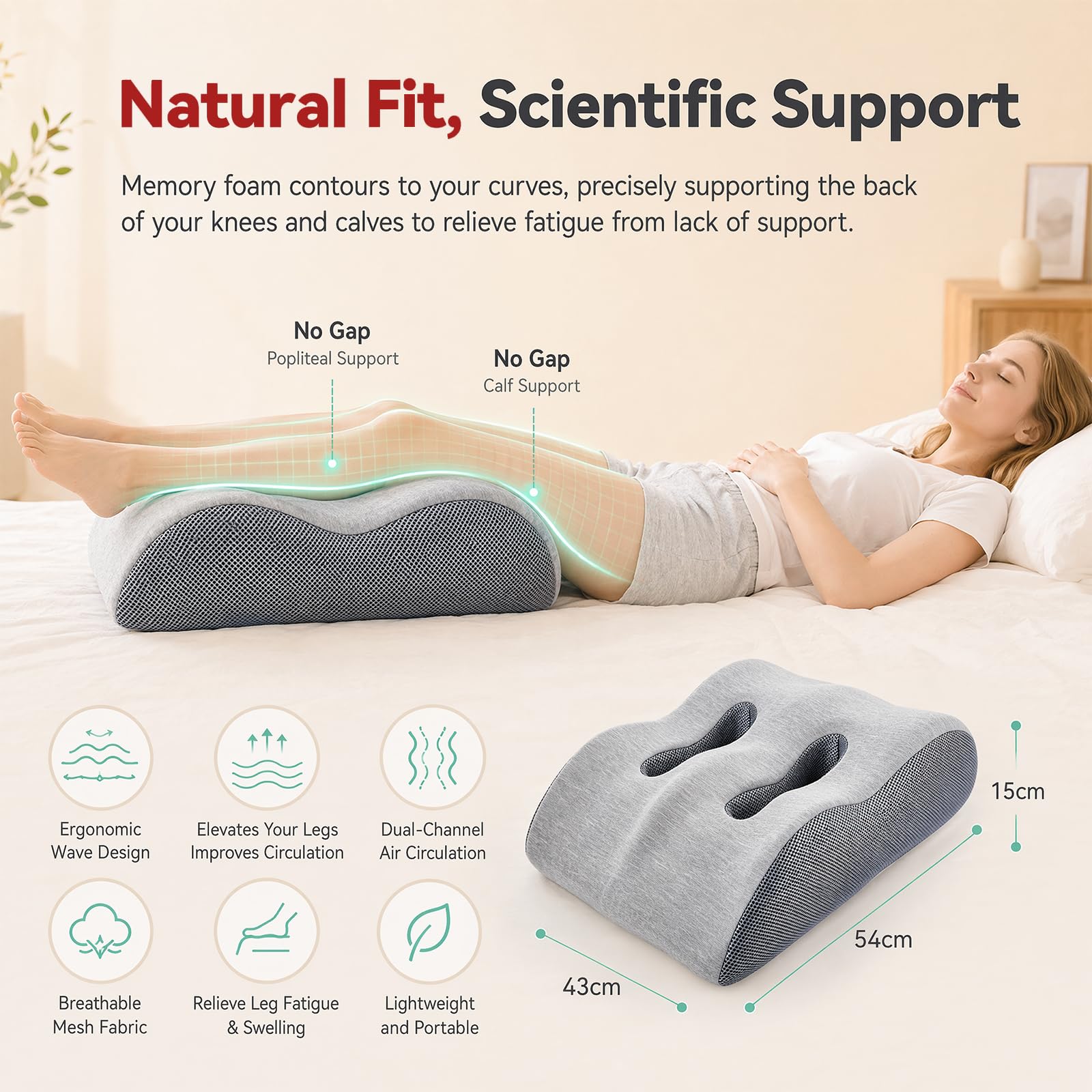 Almohada ergonómica para venas, cojín elevador de piernas, cojín de apoyo para adultos, espuma viscoelástica para promover la circulación sanguínea (gris claro)