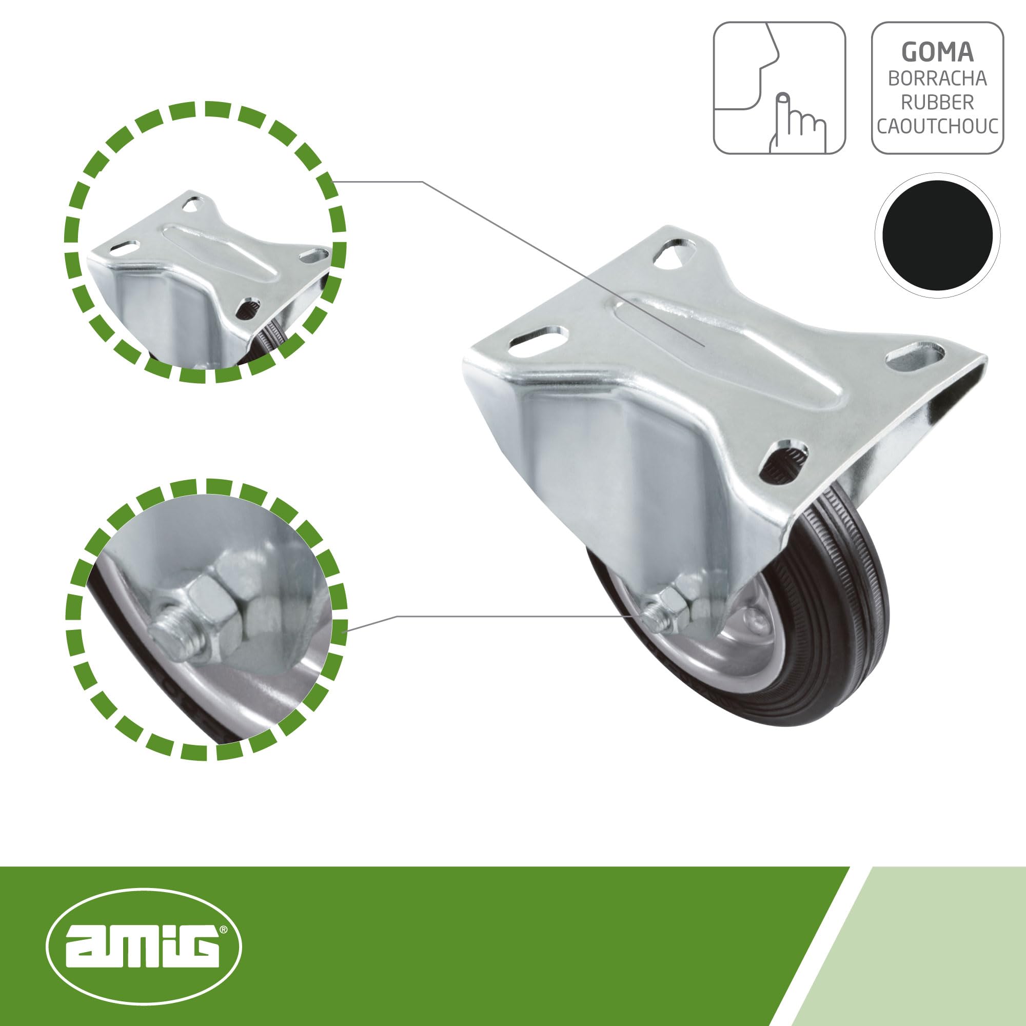Amig - Set 4 Ruote Fisse | Ø 80 mm | Ruote per Spostare Mobili o Elettrodomestici | Peso Massimo 70 Kg | Per Spostare Mobili Pesanti | Cuscinetti a Rulli | Nucleo Metallico | Gomma Nera