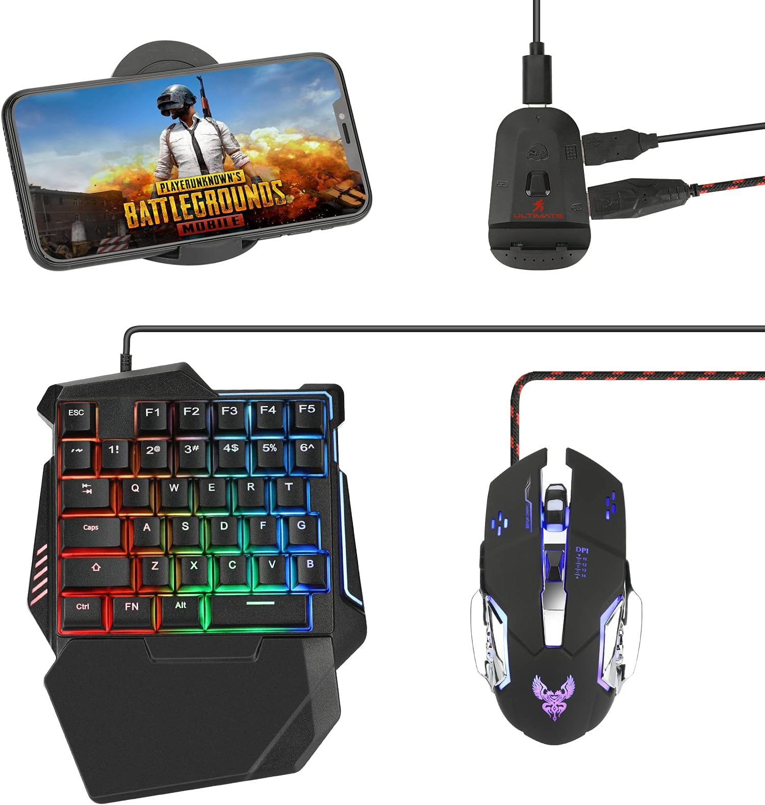 Laelr Half Hand Gaming Keyboard and Mouse Combo 35 Keys PUBG Wired Mechanical RGB LED Backlit Half Keyboard with Wrist Rest Wired Gaming Mouse Converter for Android IOS, Not support IOS 13.4 and above