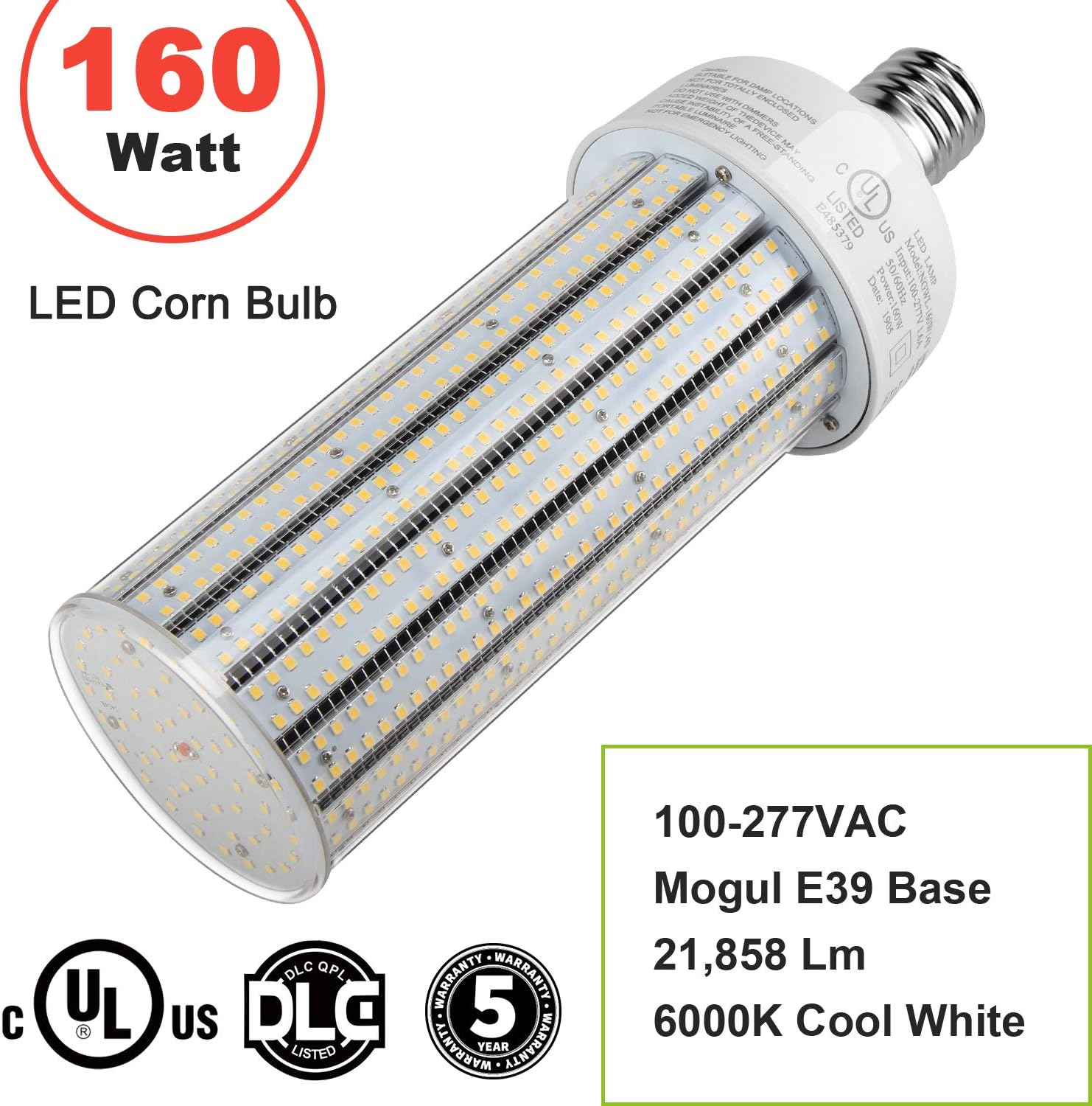 LED Corn Cob Light Bulbs 150W E39 Mogul Base AC100-277V UL List DLC 21858LM High Bay LED Retrofit Lights Fixture 6000K Cool White-750W MH HID HPS Replacement for Factory Warehouse Workshop Garage Gym
