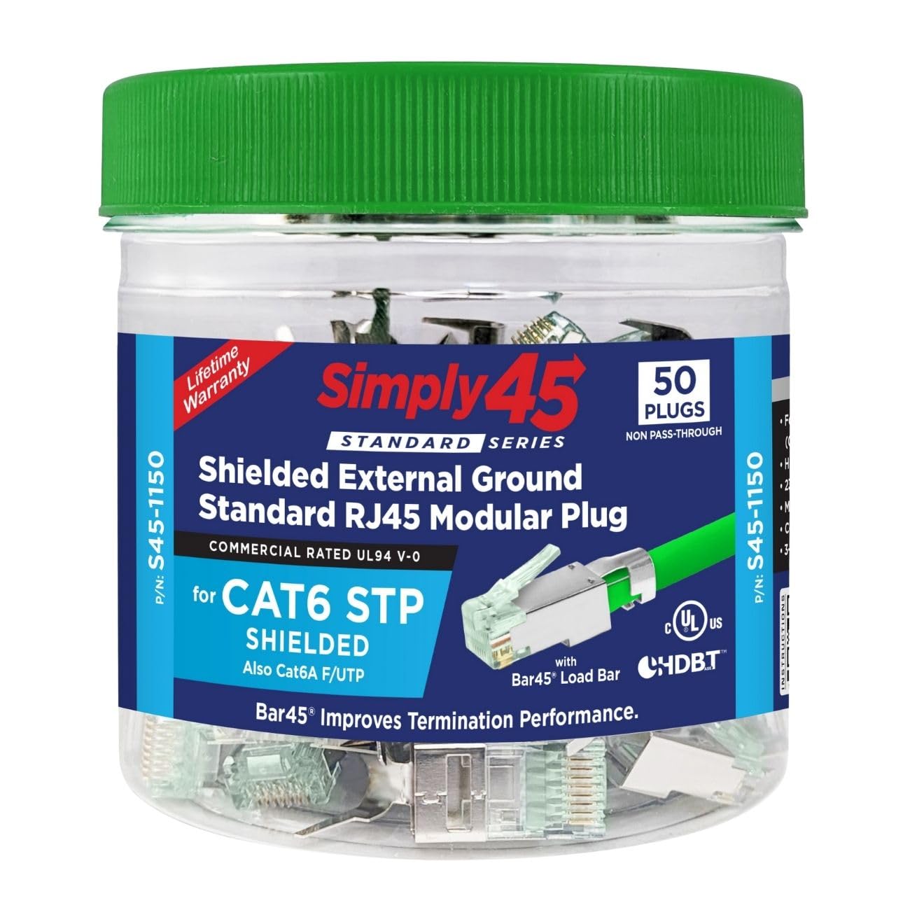 Simply45 Shielded External Ground Cat6/6a RJ45 Modular Plugs with Bar45 Load Bar - Green Tint, 3 Prong Pin Design - 50-Pieces/Jar - S45-1150