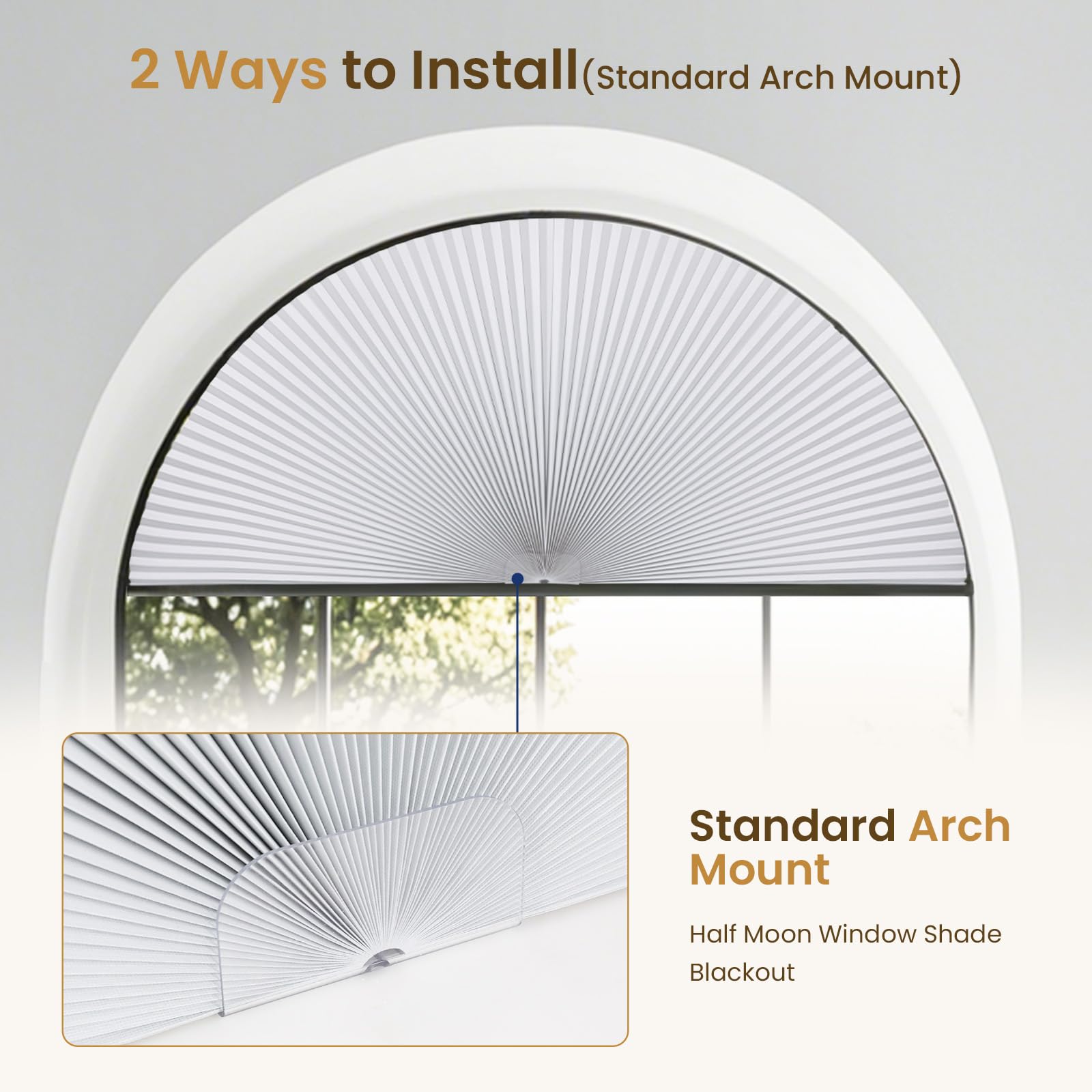 Grandekor Store de fenêtre occultant en demi-cercle – Stores cellulaires sans fil sans perçage – Stores en nid d'abeille pour fenêtres, faciles à installer, 91,4 x 183 cm, blanc