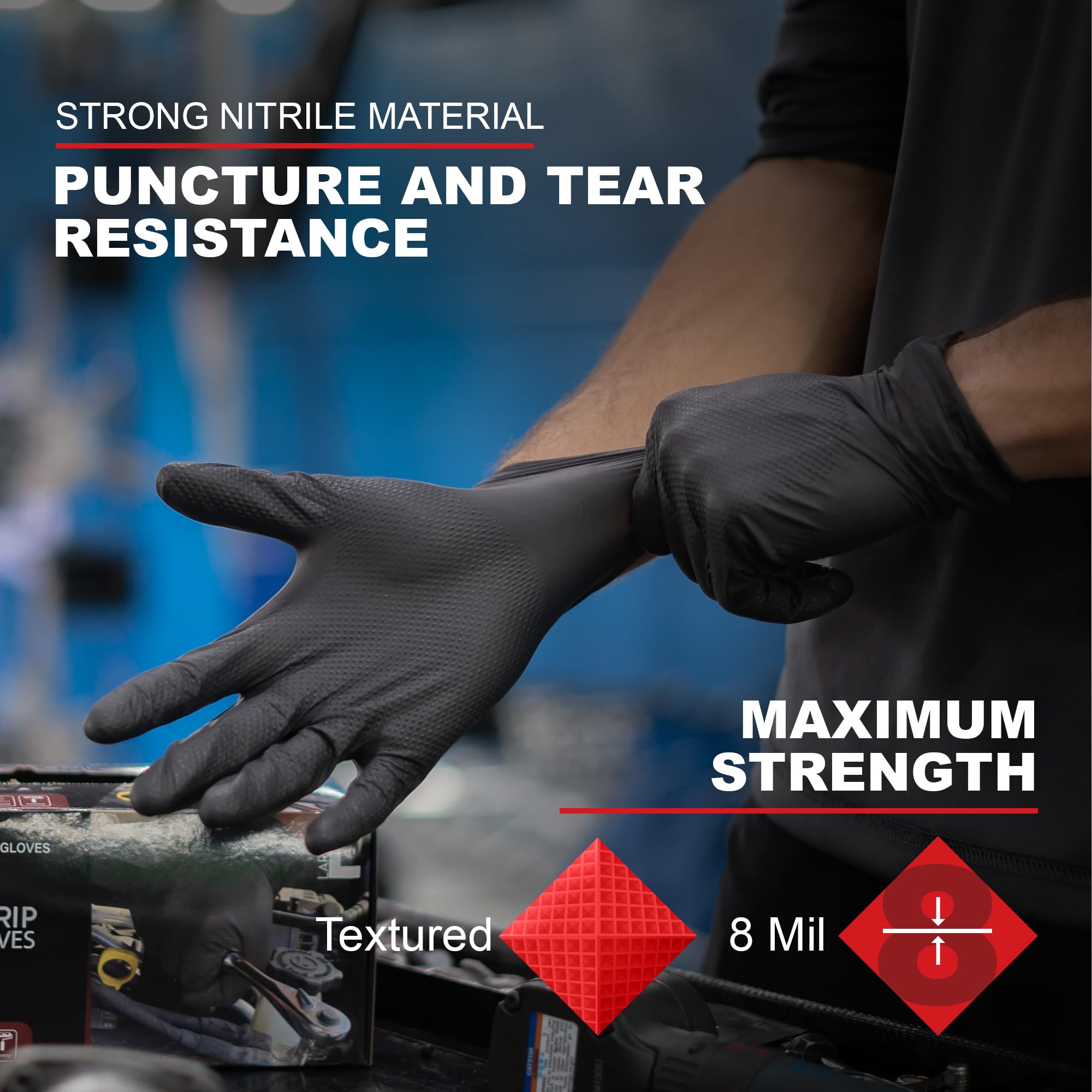 GRIPXX Herkules Grip Heavy Duty 8Mil Black Nitrile Gloves,3D Raised Diamond Texture-Latex & Powder-Free Industrial, Mechanic (200, Large)