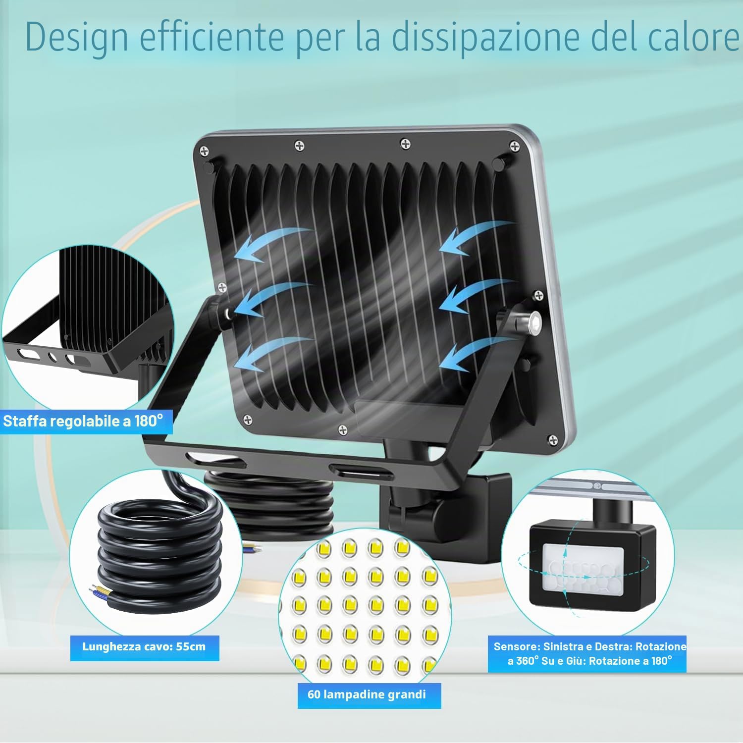 Faro LED Esterno con Sensore Movimento 50W 2 Pezzi, 5000LM Faretto con Sensore di Movimento, 7000K Faretto LED da Esterno, Impermeabile IP67 Luci per Giardino, Terrazza, Garage
