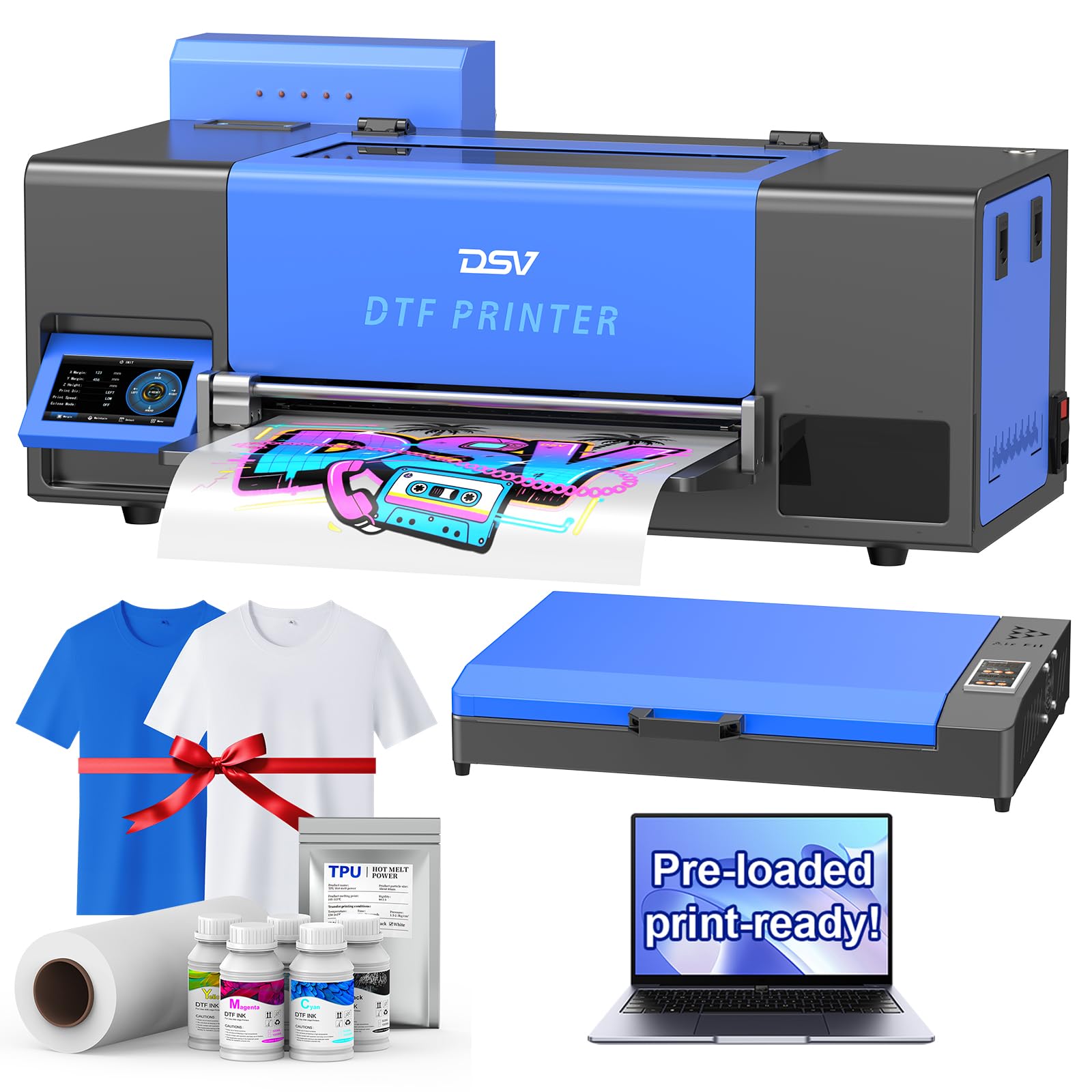 DSV A3 F1080 DTF Printer, 2X Speed vs L1800, 24/7 Auto-Maintenance &amp; White Ink Circulation, Printhead Anti-Clog, 5" LED Touch Screen, 2-Year Free Ink for T-Shirt DIY &amp; Small Apparel Business
