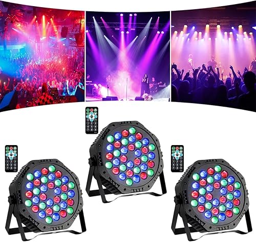 Paquete de 3  36LED  Luz de escenario de DJ de 7 canales para escenario con control remoto y control DMX activadas por sonido, luces de fiesta para