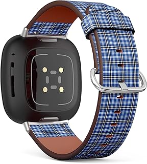 CJBROES Replacement Leather Watch Band, Compatible with Fitbit Versa 3 and Fitbit Sense of Wristband Bracelet Accessory - Black Blue White Plaid Tissue