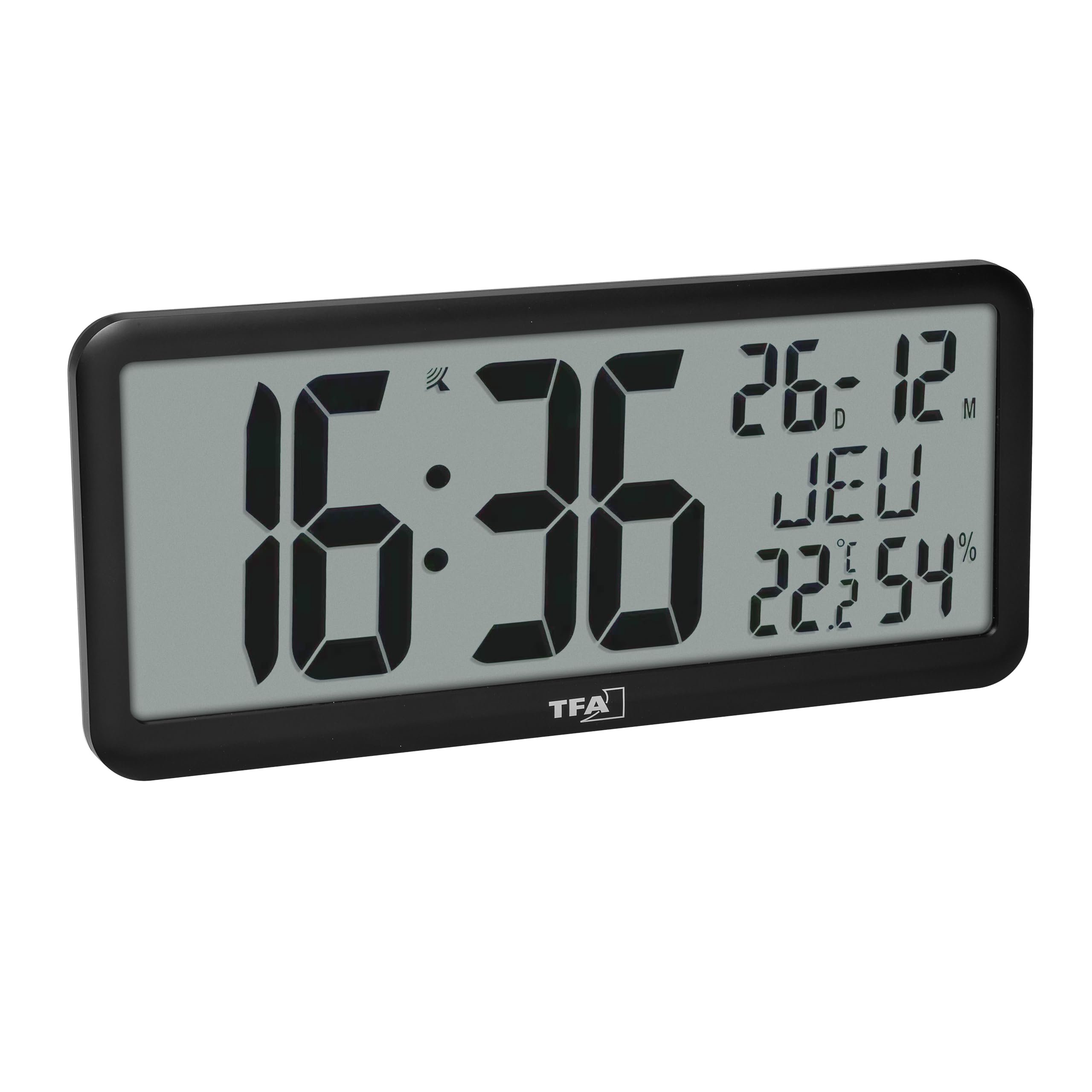 TFA Dostmann Horloge murale numérique geante XXL, 60.4525, avec température et humidité intérieures, avec calendrier, pour le bureau, les seniors, la cuisine, radio-pilotée, avec fonction réveil, noir