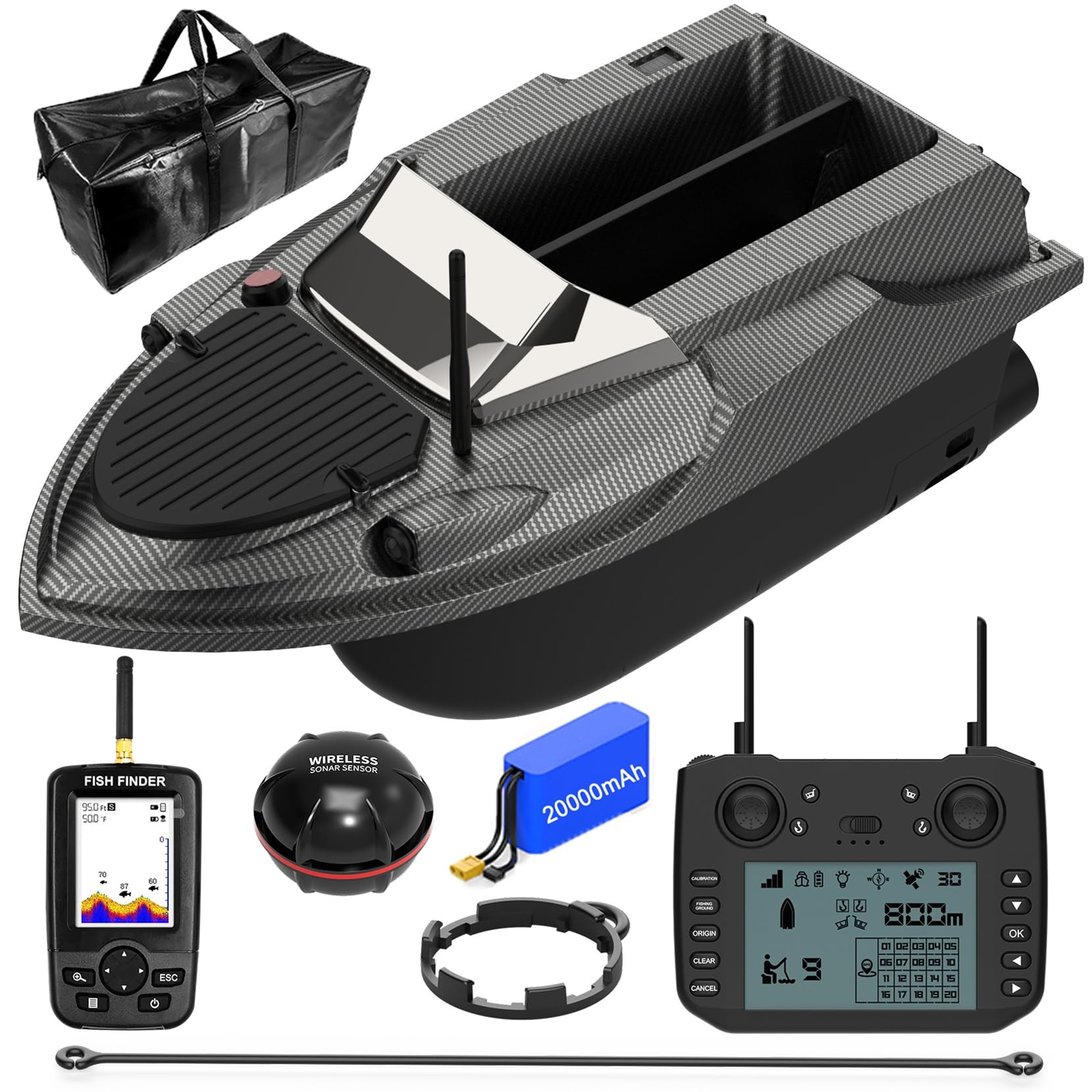 GPS Smart RC - Barco de cebo de pesca, 3 kg, crucero automático, doble motor, gran capacidad, 800 m, control remoto, distancia LED, luz nocturna, barco, 20000 mAh (edición buscador de peces)
