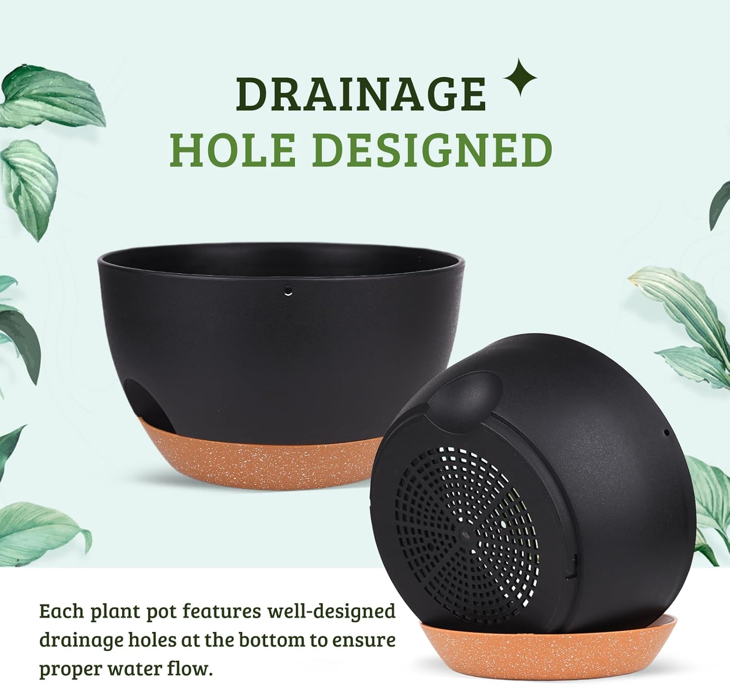 Vanslogreen Plant Pots 12inch Self Watering Pots, Set of 2 Plastic Planters with Drainage Holes and Saucers, Flower Pots for Indoor Outdoor Plants (Black)