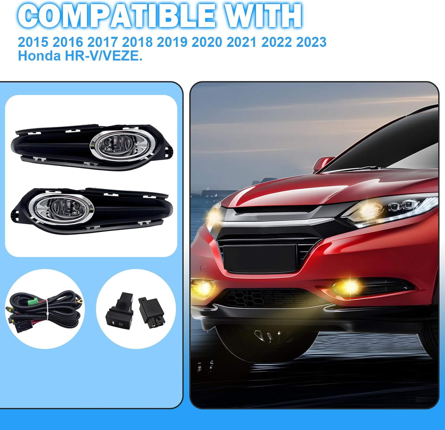 Fog Lights Assembly Compatible With 2015 2016 2017 2018 2019 2020 2021 2022 2023 HR-V/VEZE Front Bumper Driving Fog Lamp Light Kits