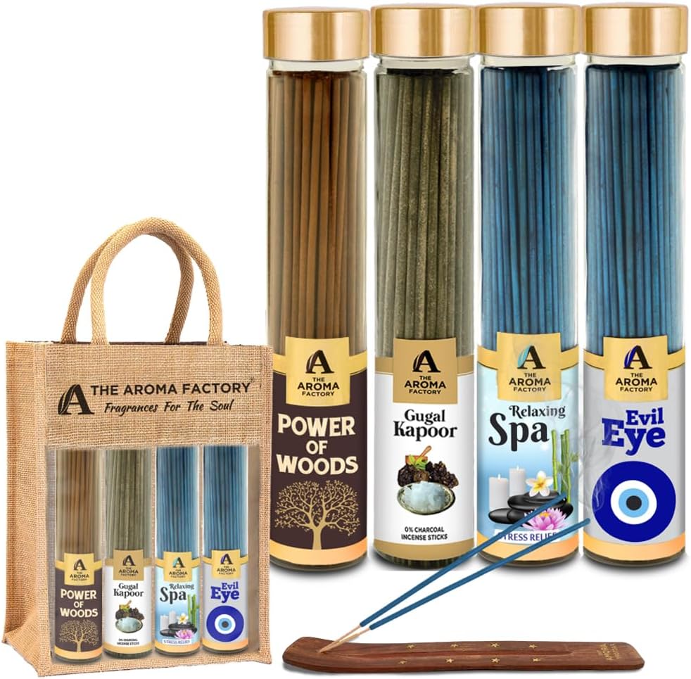 Power of Woods,Relaxing Spa,Evil Eye & Gugal Kapoor Agarbatti for Pooja,(Bottle Pack of 4 x100g) Jute Gift Set with Wooden Holder