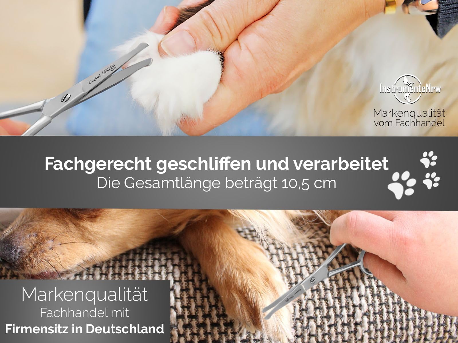 Pfotenschere Hunde Fellschere aus Solingen mit Mikroverzahnung, Haarschere mit gerader Schnittfläche und abgerundeten Spitzen 10,5 cm