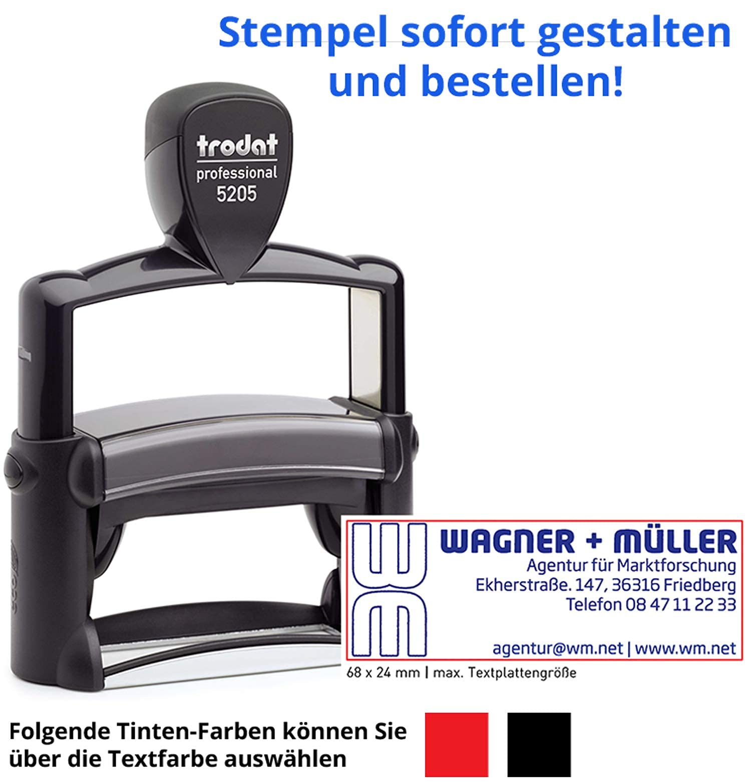 Trodat Professional 5205-68x24 mm - Timbro a 5 righe in acciaio INOX, design online ! 68x24 Nero