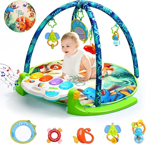 HOLYFUN Tapete de juego para gimnasio para bebés gimnasio para piano con 5 juguetes sensoriales para mordedores tapete multifuncional para el tiempo