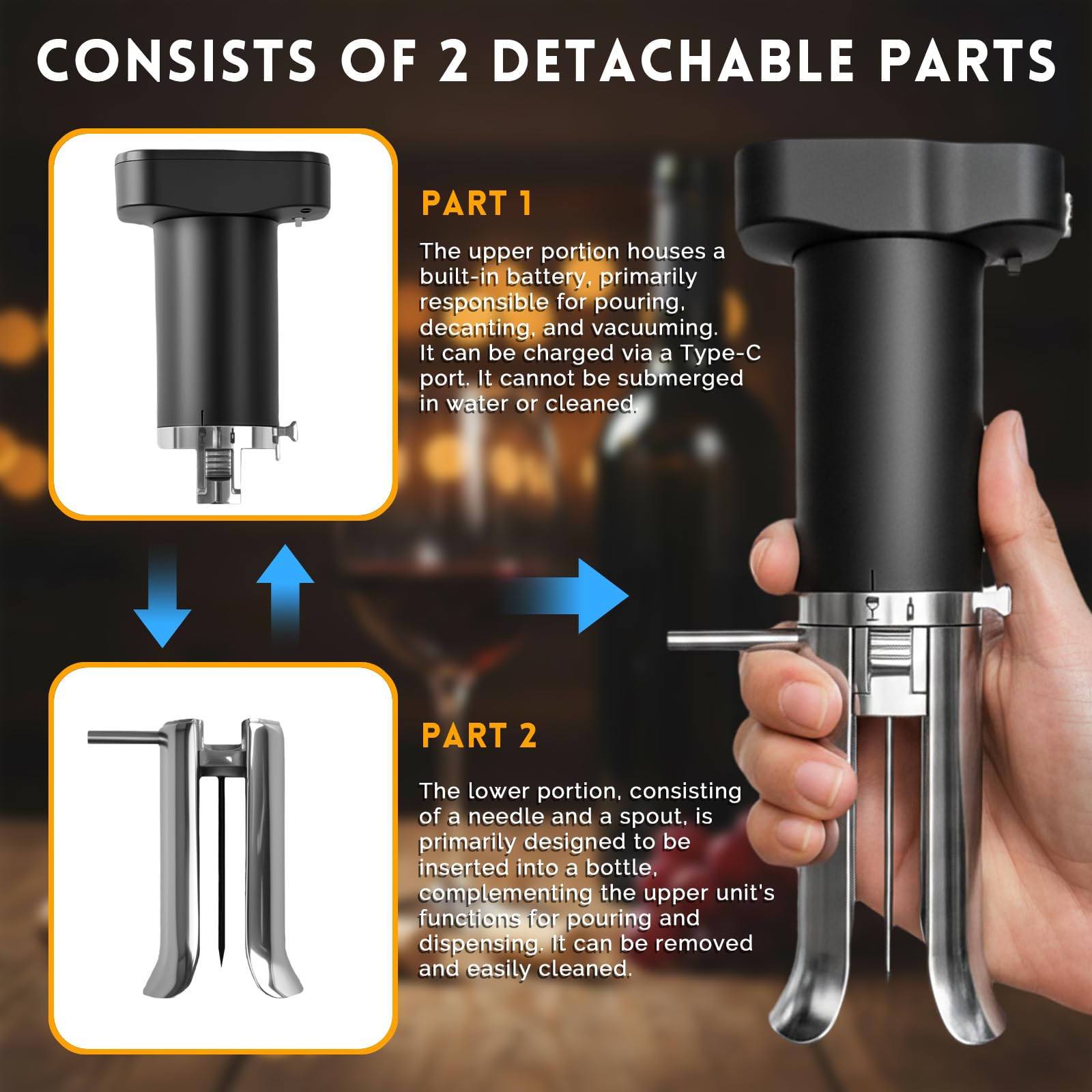 ZONSUSE Aérateur de Vin Électrique, 3-en-1 Distributeur de Vin, Verseur et Carafe Intégrés, Système de Préservation du Vin, Conserve le Vin 10+ Jours, Cadeau pour les Amateurs de Vin (Noir Argent)