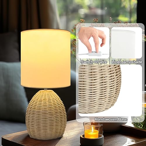 Miniatura 3 de Lámpara de mesa de ratán boho - 3 temperaturas de color, lámpara de mesita de noche tejida a mano para dormitorio y sala de estar