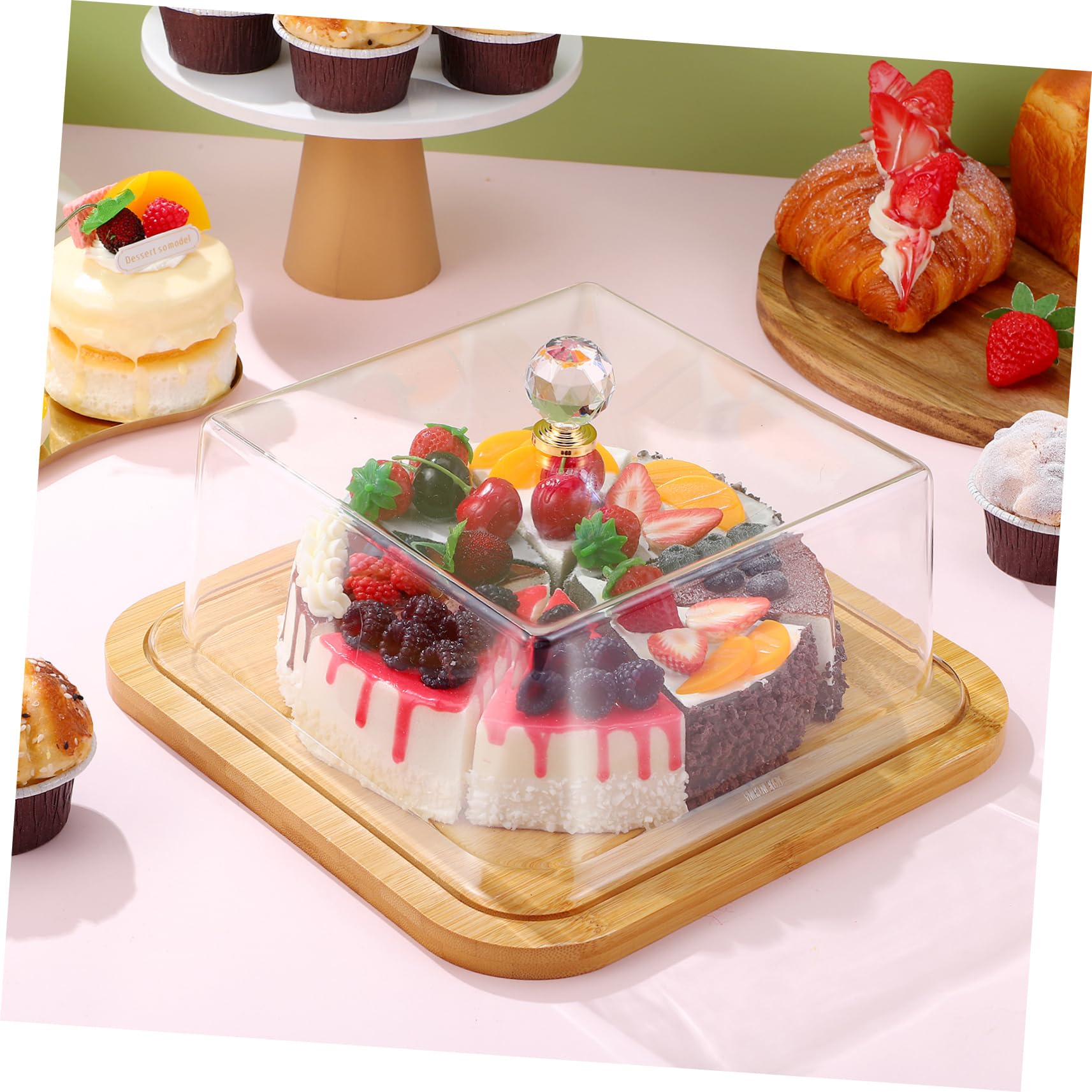 DECHOUS Soporte para Pasteles con Cúpula de Acrílico Transparente y Base de Madera, Adecuado para Pan y Postres en Pastelería