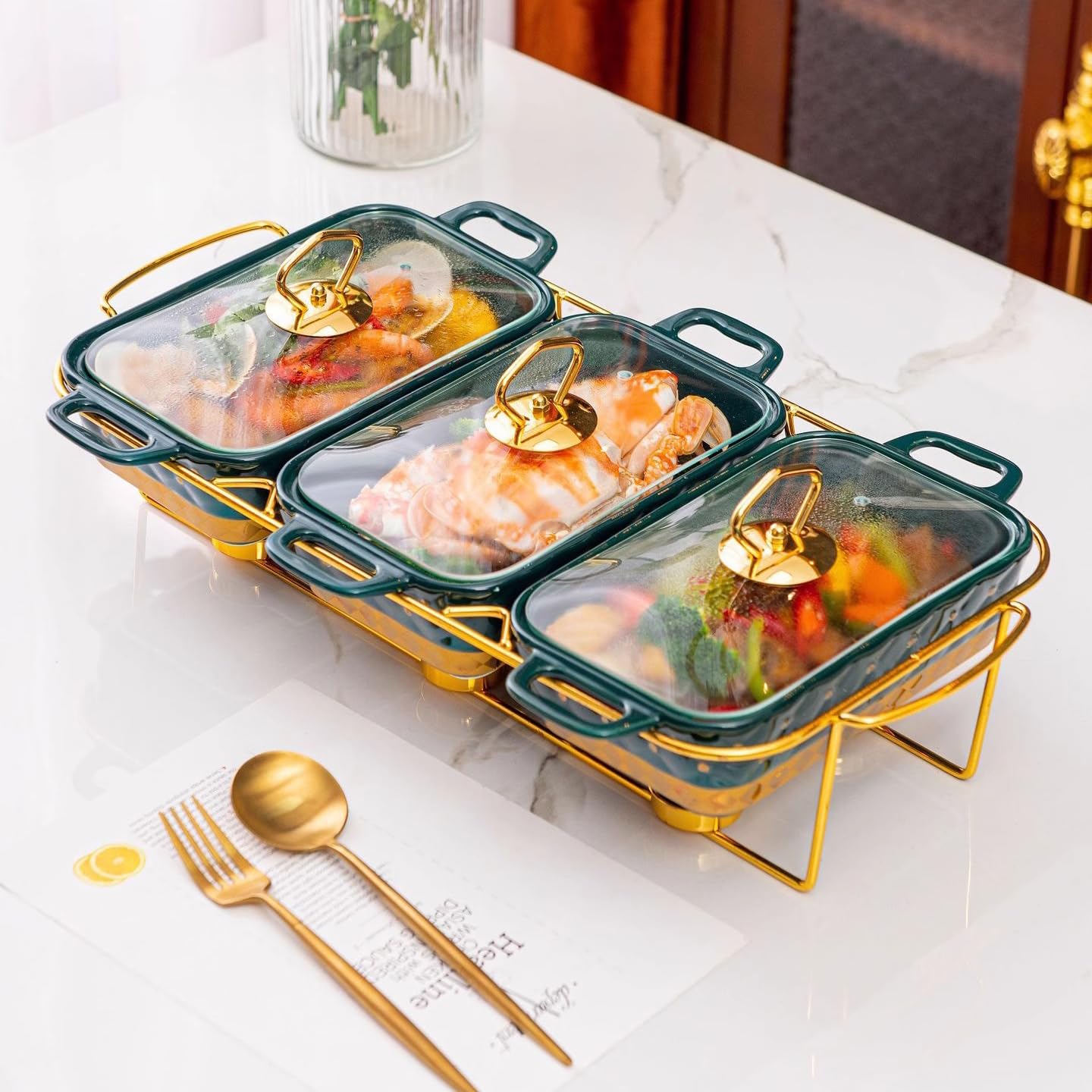 Servidor de buffet de cerámica con tapa de cristal para calentar, ideal para bodas, fiestas, banquetes y eventos de catering