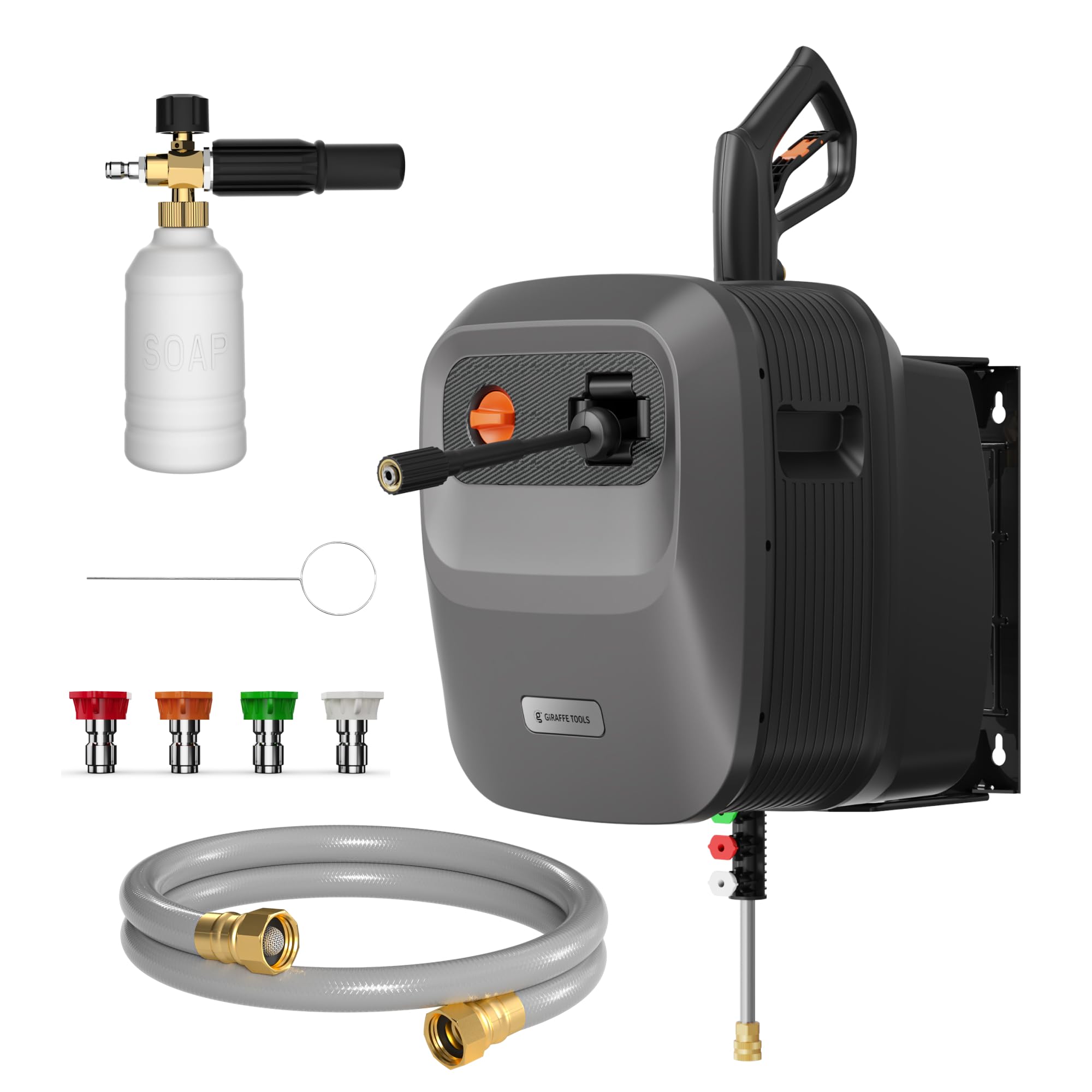 Giraffe Tools Grandfalls Pressure Washer G20B, 2200 PSI 2.4 GPM, Wall Mounted Pressure Washer with 65FT Hose Reel, Wall Mount Power Washer, Dark Silver