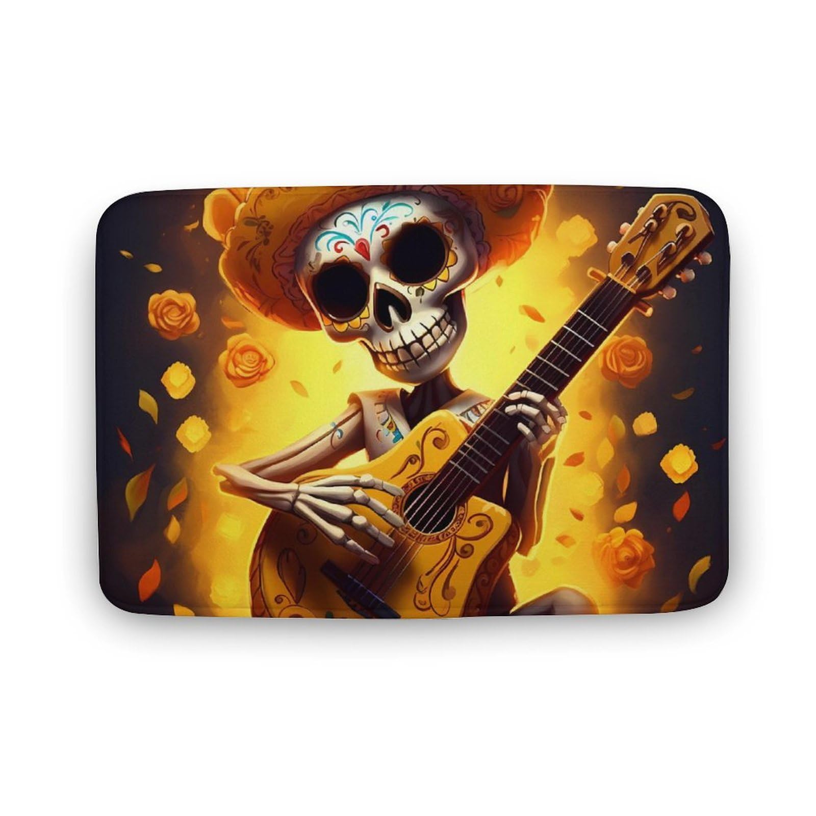 Funny Skull Playing Guitar Yellow Flower Coral Velvet Rugs Non-Slip Bathroom Rugs Soft Kitchen Rug Floor Carpet for Home Decor 15.7