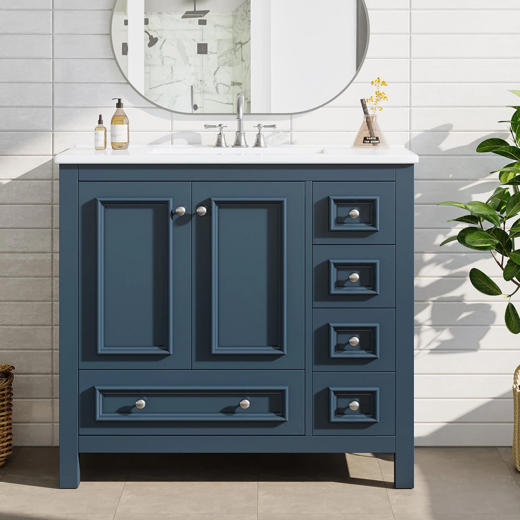 Tribesigns 36 Inch Misty Blue Bathroom Vanity with Ceramic Basin