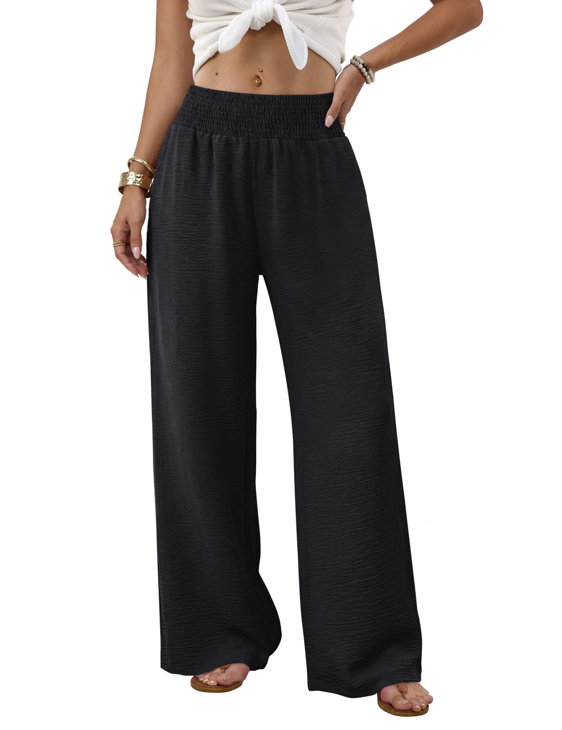 Desol Pantaloni estivi da donna, leggeri, eleganti, a vita alta, con tasche, gamba larga