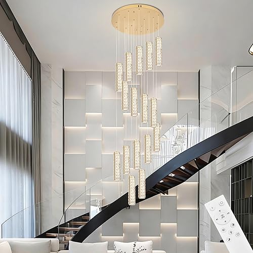 16-Light Titanium Gold Crystal Chandelier, Smart APP Dimmable High Ceiling