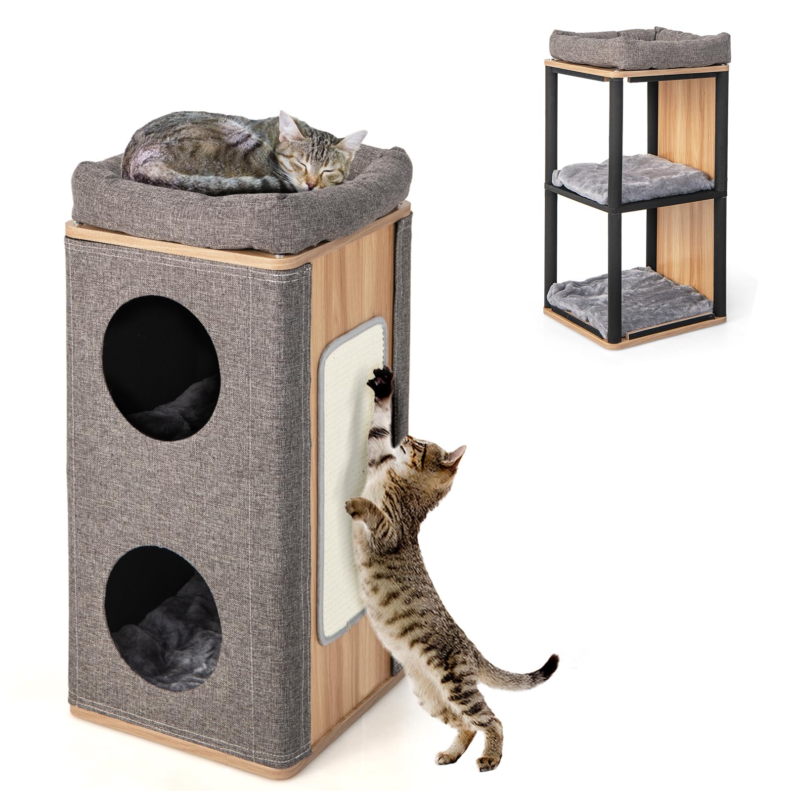 SOARS Tiragraffi per Gatti a Torre 77,5 cm, 3 Piani con 2 Grotte, Cuccia Albero per Gatti con Piastra Tiragraffi, Copertura Rimovibile e Cuscino, Tubo Stabile Ø38, Grigio e Naturale