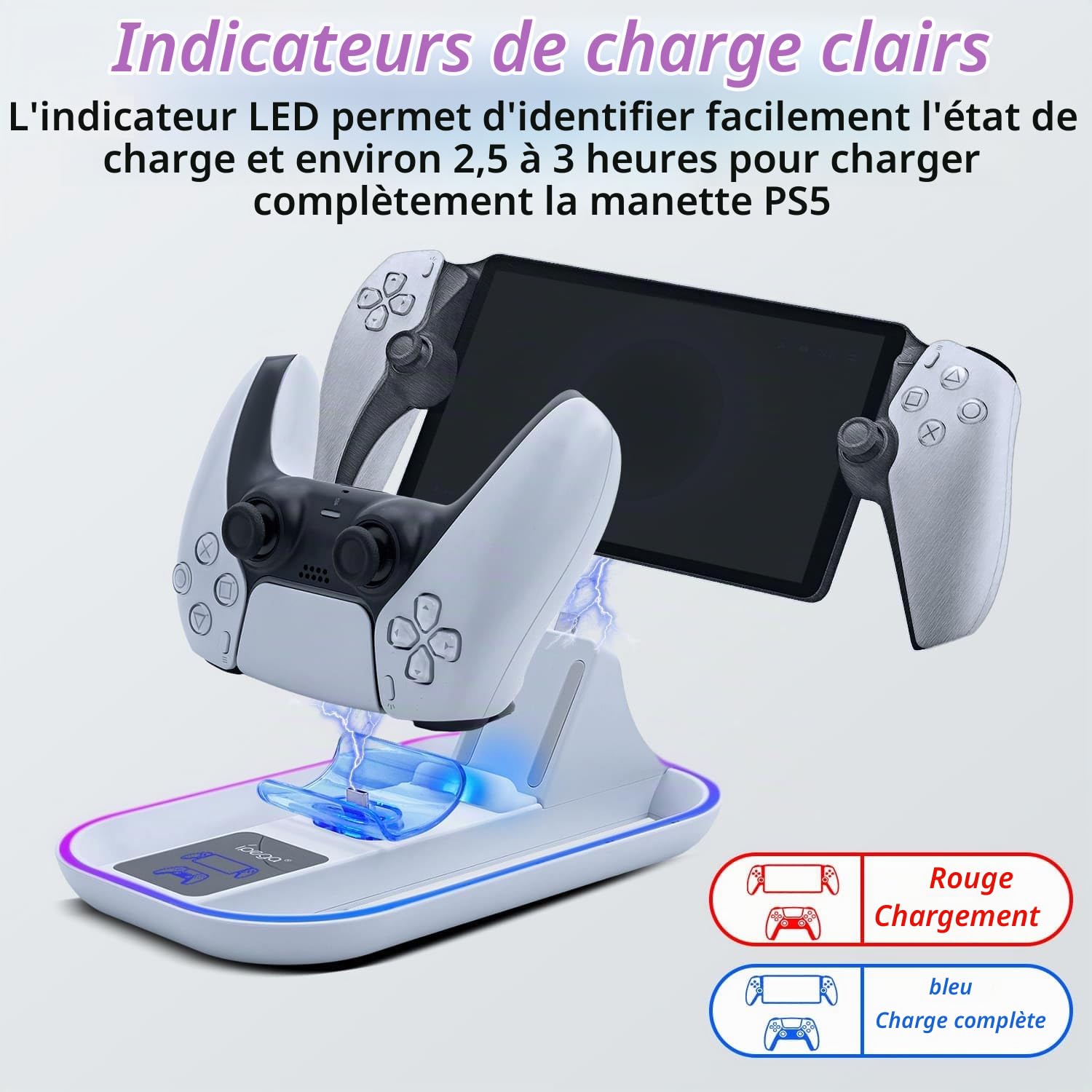 Mcbazel RGB Station de Chargement pour PS Portal Remote Player, Support de Charge Vertical Chargeur Manette, 14 Effets Lumières RGB pour PS Portal Remote Player/PS5 Controller