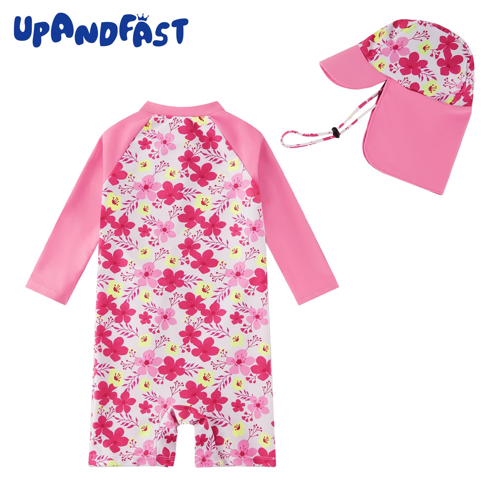 Baby Girls One Piece Swimwear with UPF 50+ & Sun Hat Recyclable Toddler Full Zipper Swimsuit Infant Sunsuit (Rose Flower, 18-24 Months)