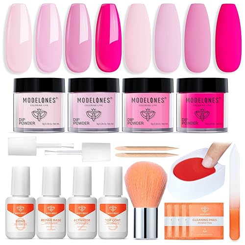 Modelones Kit de iniciación de uñas en polvo de inmersión, 4 colores, rosa rosa, polvo de inmersión con líquido para manicura francesa de arte de