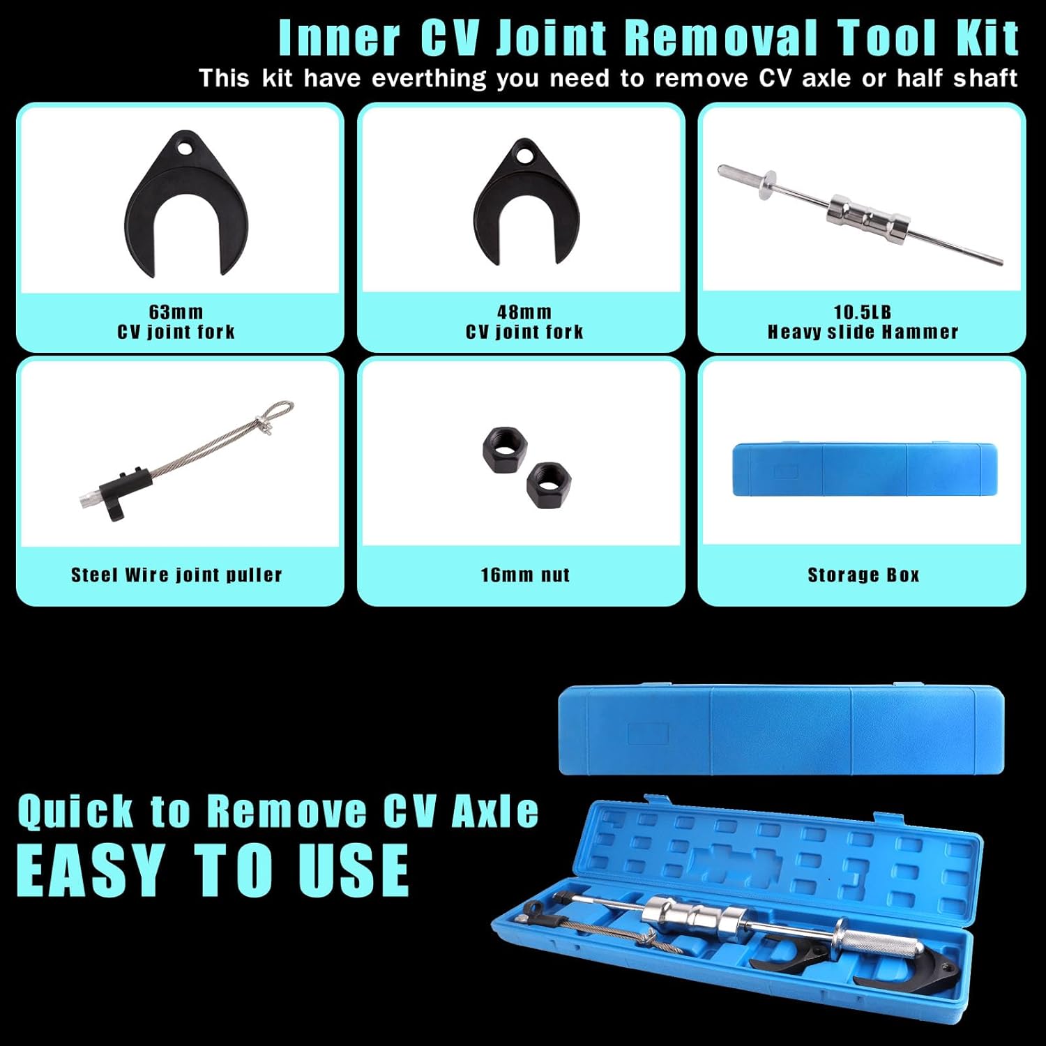 CV Axle Removal Tool, Inner CV Joint Puller Slide Hammer 10.5 Lbs Heavy Duty Front Wheel Drive Axle Half Shaft Removal Tool Kit With 63mm 48mm Joint Fork Adapter, Axle Tools